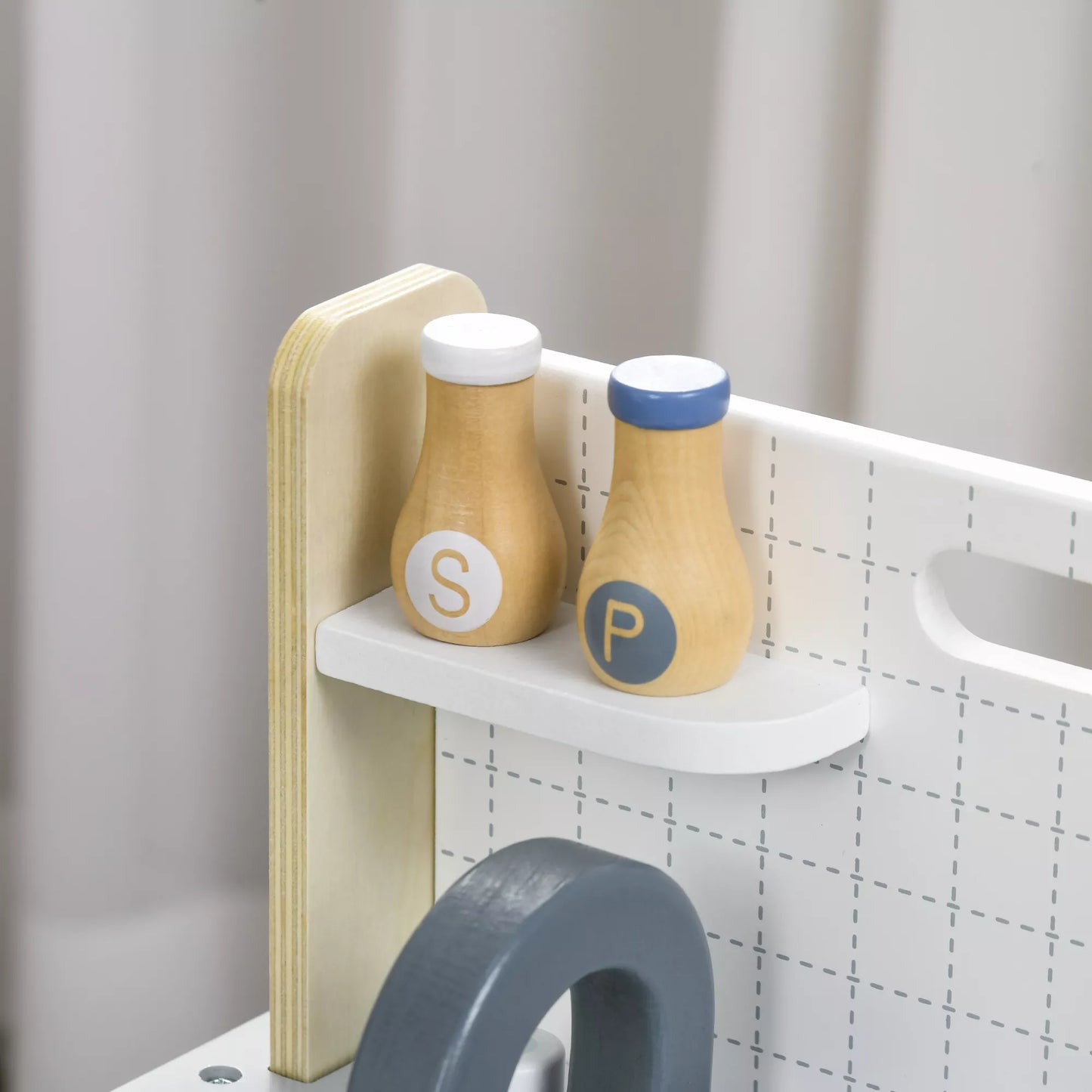 Vaikiškų virtuvėlių rinkinys, 10 dalių, su prieskonių buteliukais, puodu, kiaušiniu, žuvimi, 36x21,5x25 cm, Pilka/Geltona