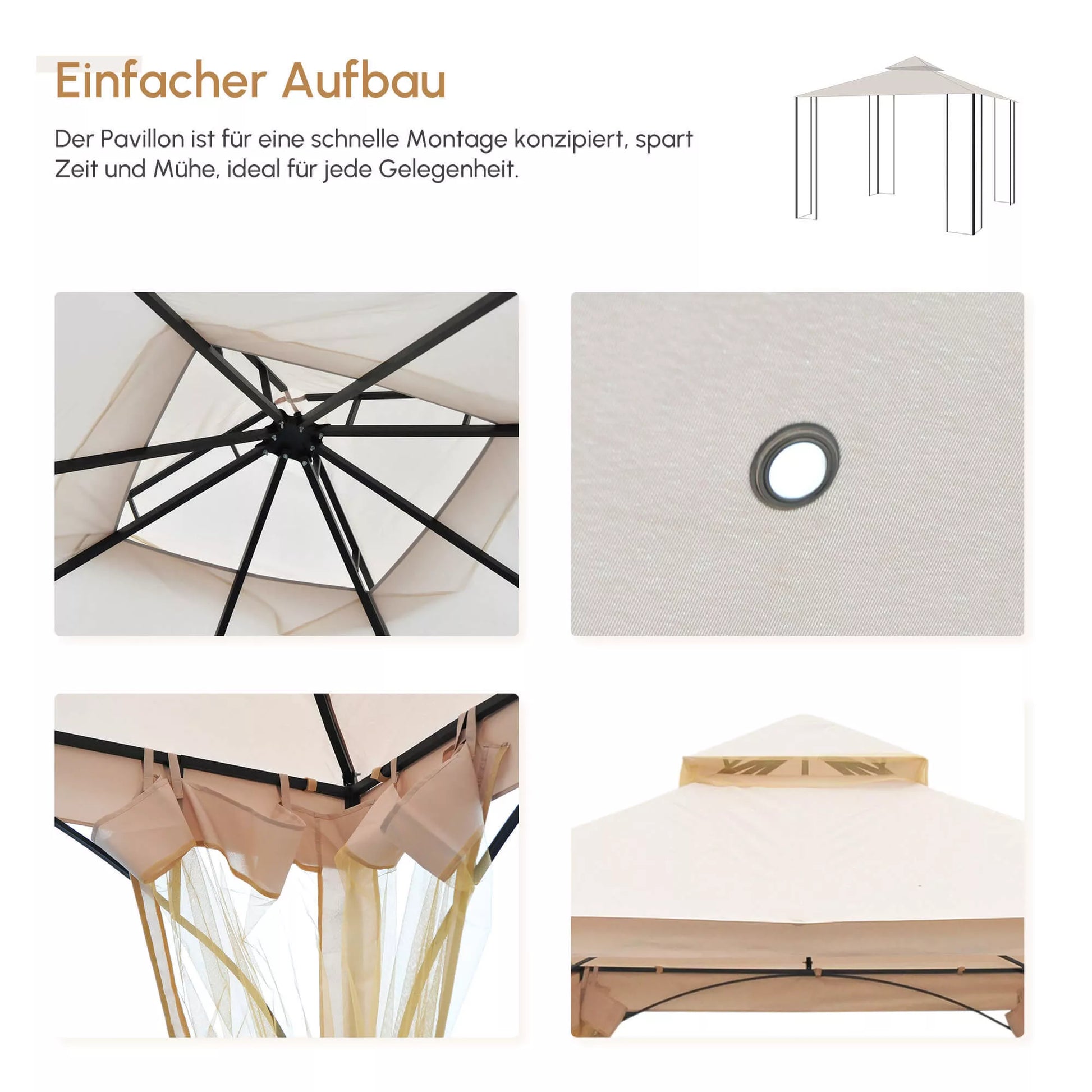 Sodo pavėsinė-palapinė, su tvirtinimo detalėmis, atspari oro sąlygoms, 295 cm x 295 cm x 275 cm. Smėlio spalvos + Juoda