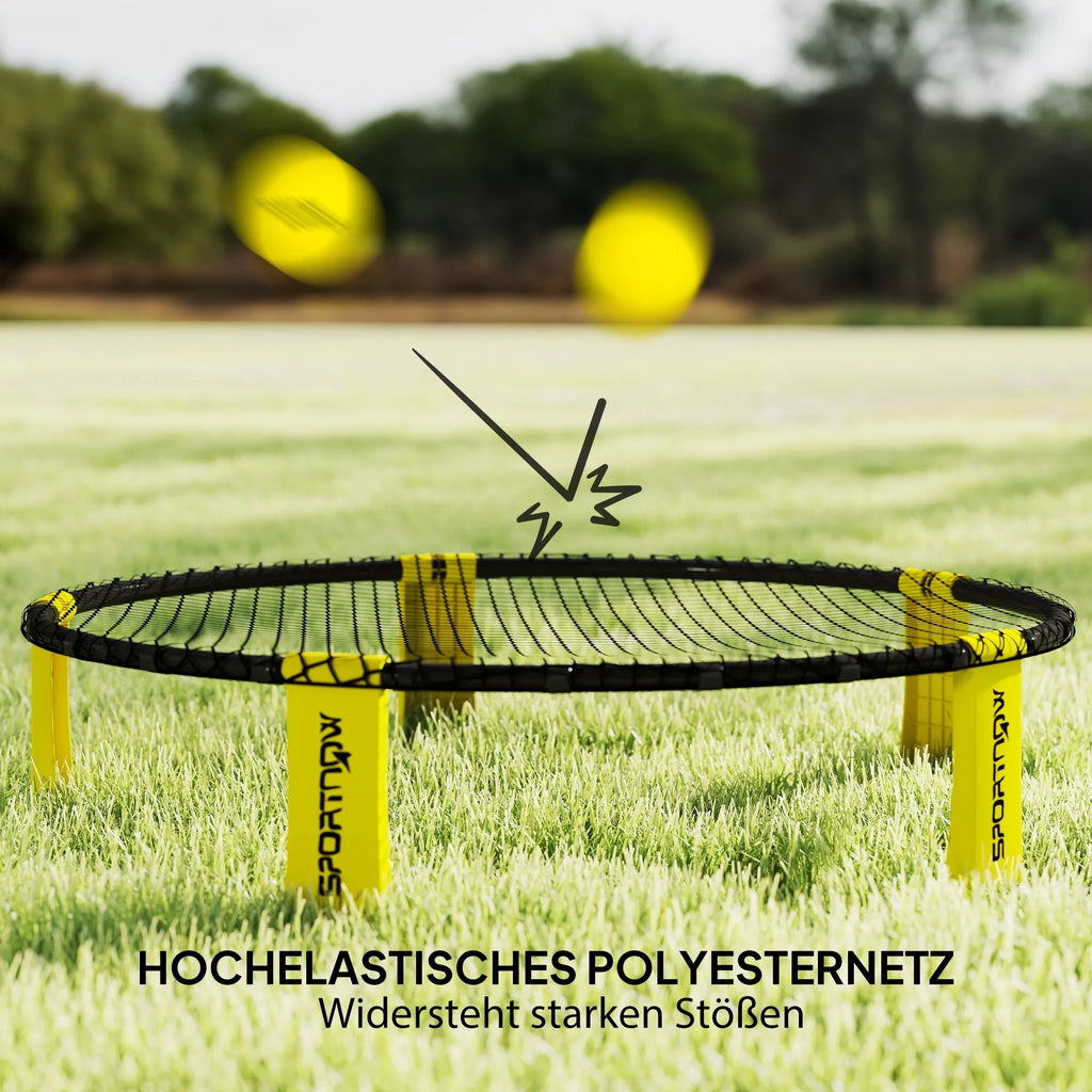 Roundnet komplektas su tinklu ir 3 kamuoliais, 92 cm, geltonas