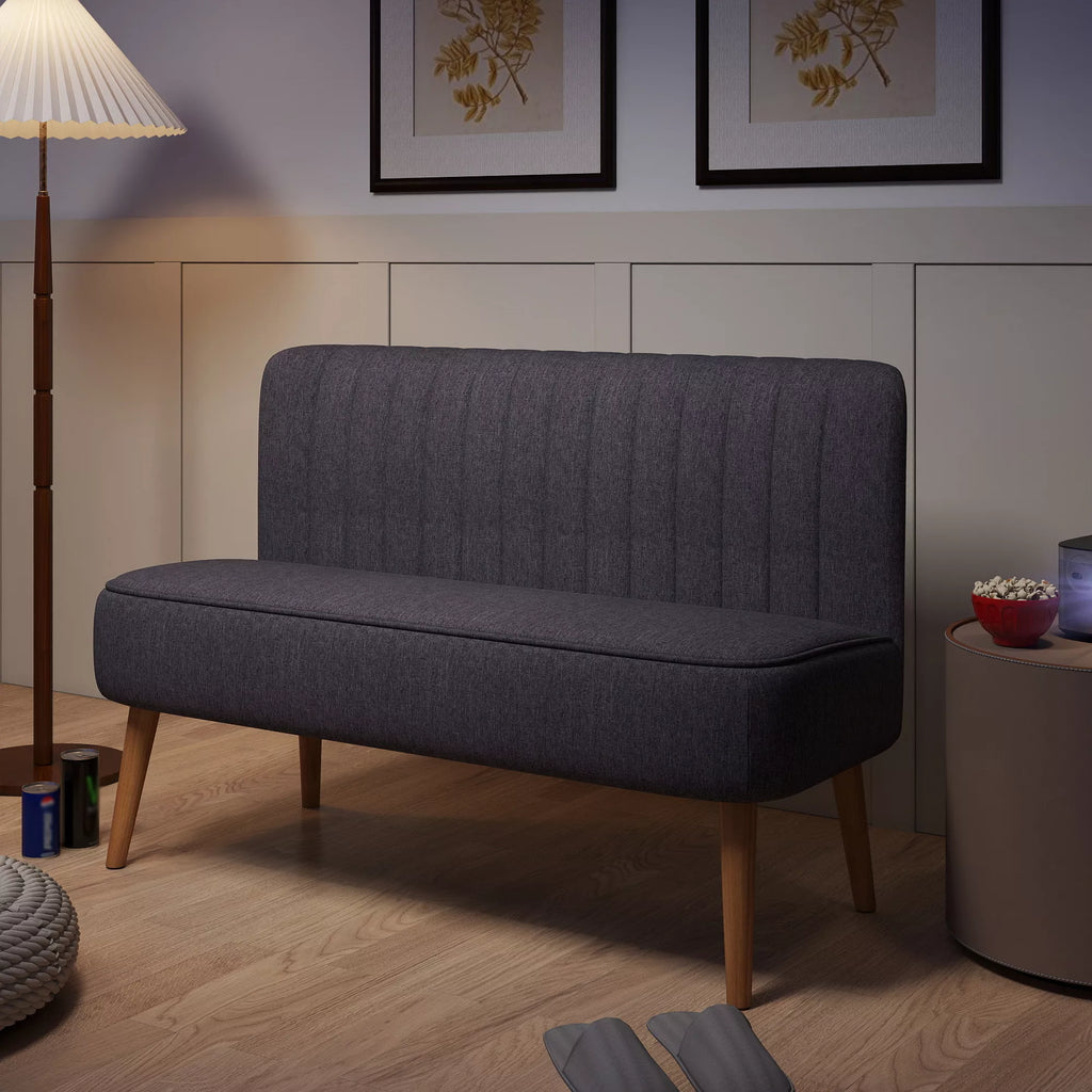 Dviejų vietų sofa, minkštas paminkštinimas, lengvai prižiūrimas užvalkalas, iki 150 kg, 117 x 56,5 x 77 cm, tamsiai pilkos spalvos