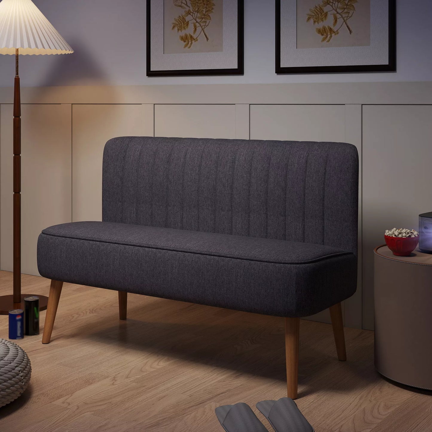 Dviejų vietų sofa, minkštas paminkštinimas, lengvai prižiūrimas užvalkalas, iki 150 kg, 117 x 56,5 x 77 cm, tamsiai pilkos spalvos