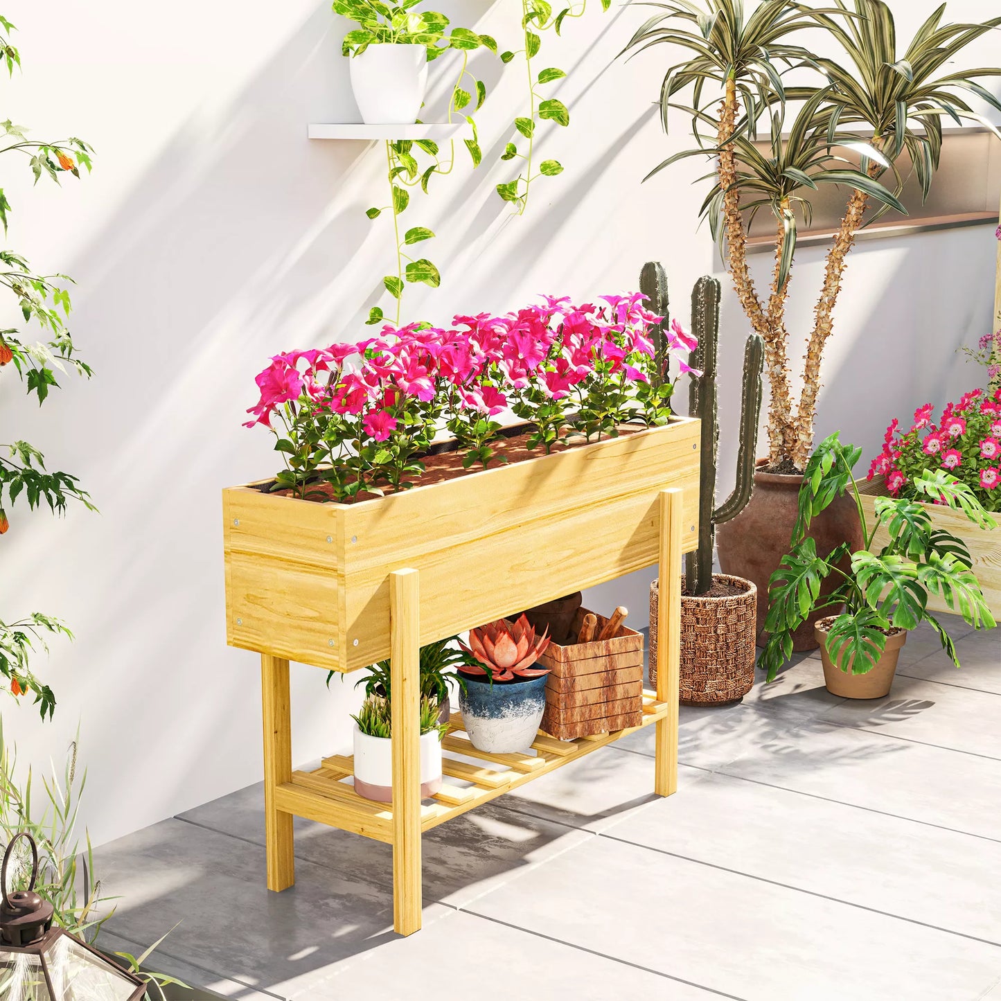 Medinė lysvė su apatine lentyna, neaustinės medžiagos pamušalu ir drenažo skylutėmis, 100 x 30 x 70,5 cm, natūrali mediena