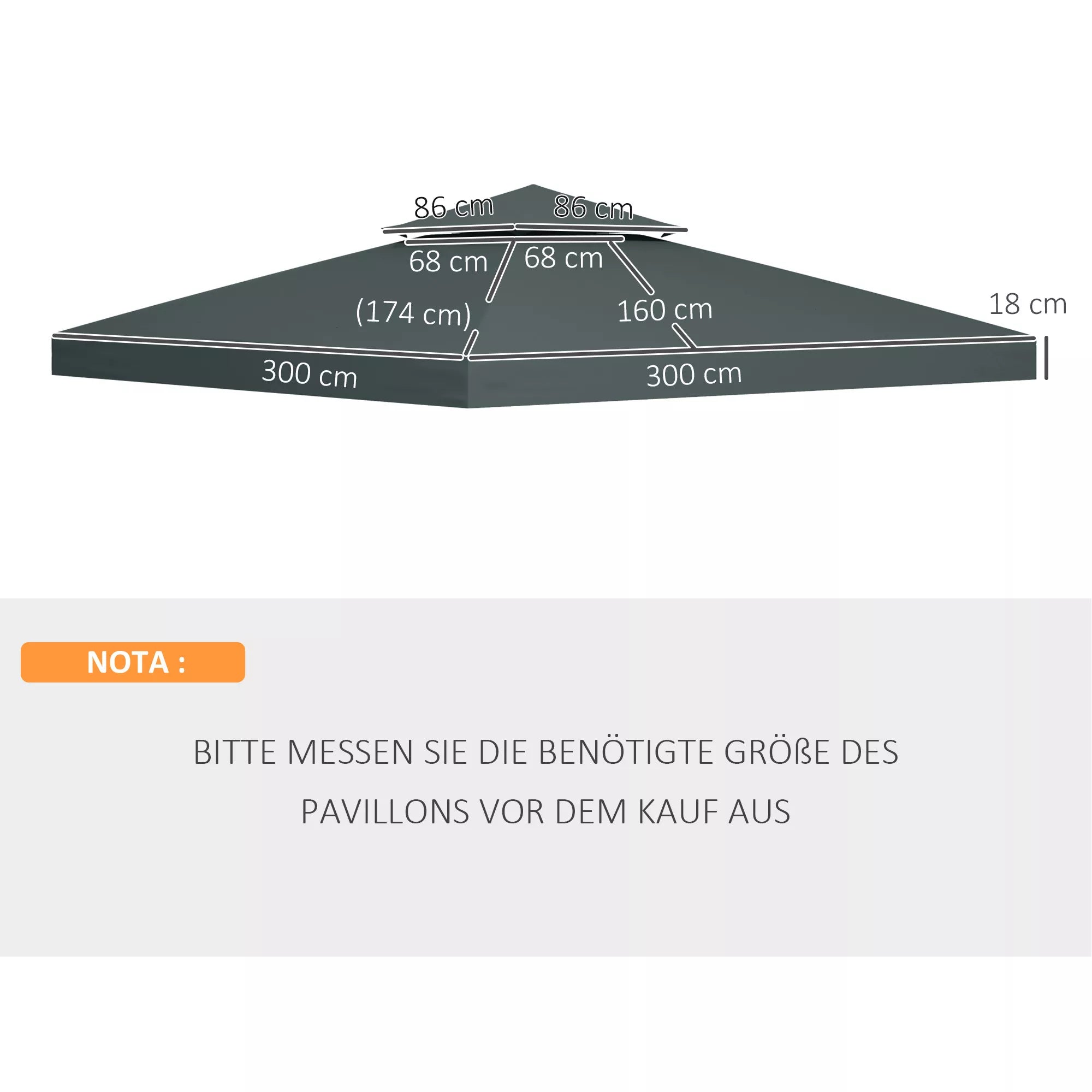 Pavilion 3 x 3 m atsarginis stogas, vandeniui atsparus paviljono stogas su dvigubu stogu, drenažo angomis, atsarginis dangtis Atsarginės dalys sodo paviljonui Sodo palapinė Anglies pilkos spalvos