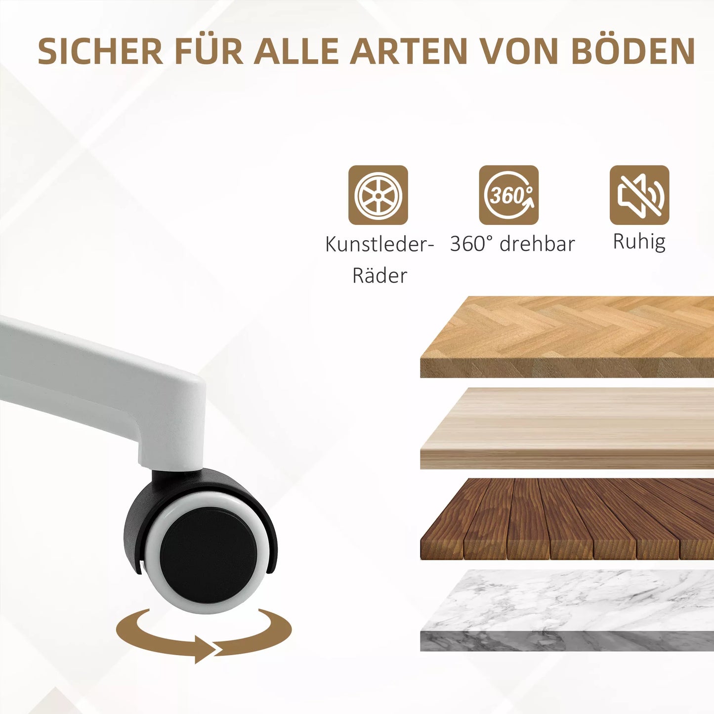 Reguliuojamo aukščio rašomojo stalo kėdė su minkšta pagalvėle ir dirbtinės odos apmušalu, lanksčiais ratukais ir pasvirimo funkcija, Balta