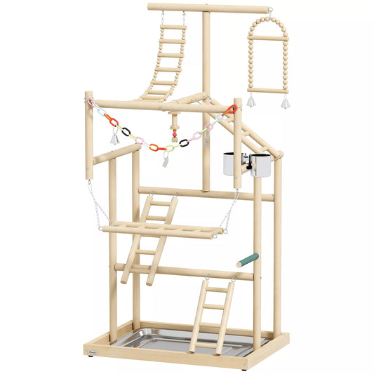 Paukščių stovas, paukščių stovo rinkinys, 4 lygiai, nerūdijančio plieno padėklas, žaislai, natūralus medis