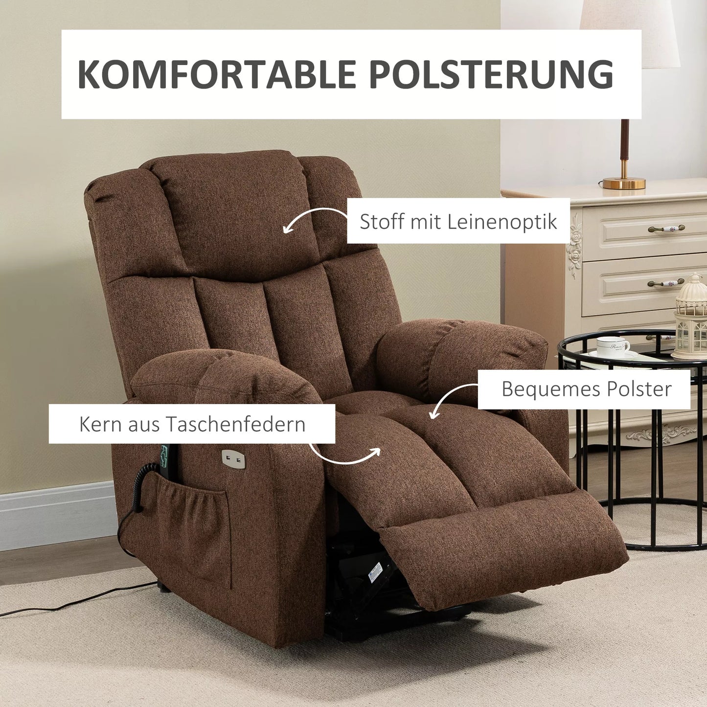 Pakeliamoji kėdė su gulėjimo funkcija ir nuotolinio valdymo pulteliu, 92 x 95 x 107 cm, ruda