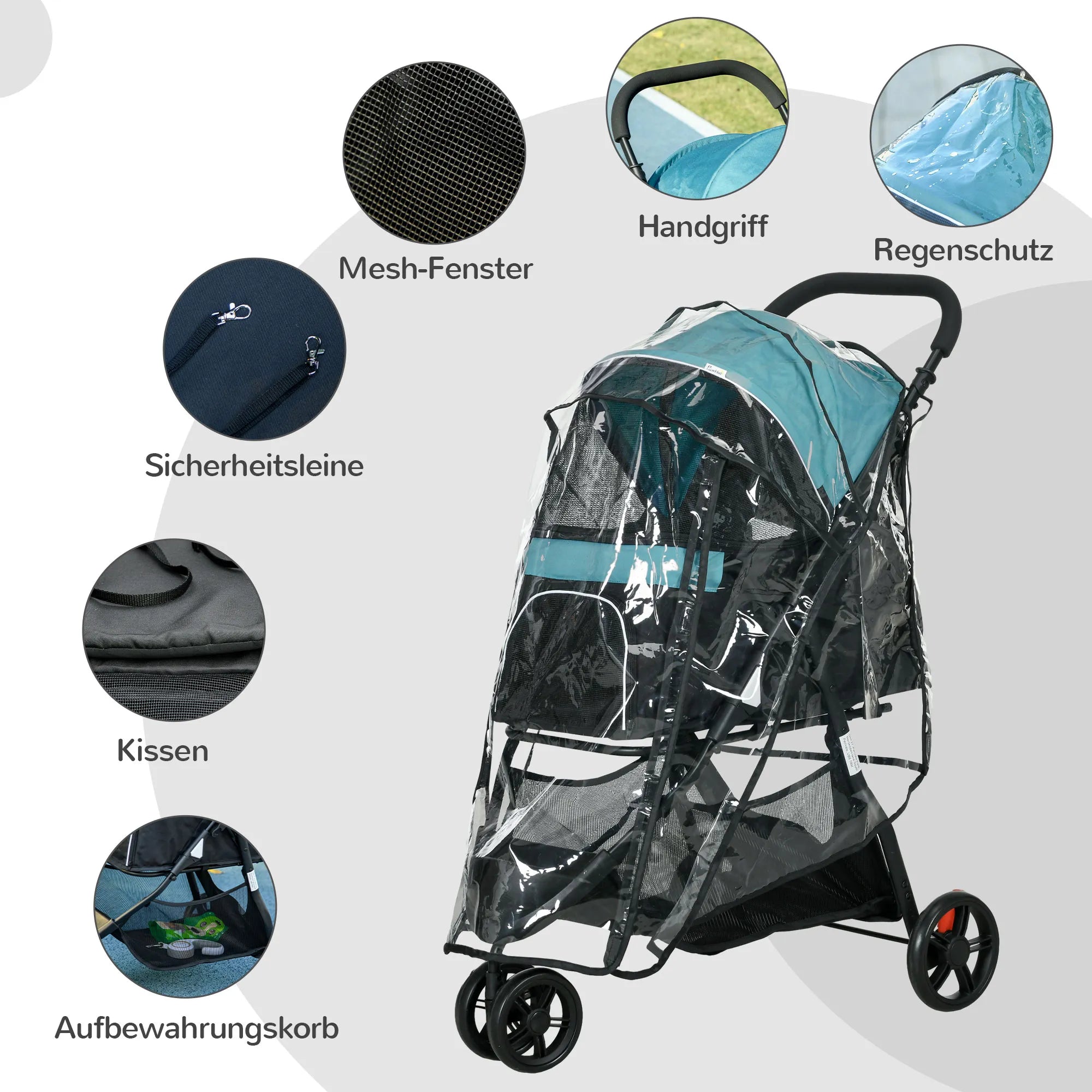 Naminių gyvūnų vežimėlis Šunų vežimėlis iki 10 kg, sulankstomas, saugos diržas, rankena, lietaus apsauga, daiktų krepšys, mėlynas + juodas