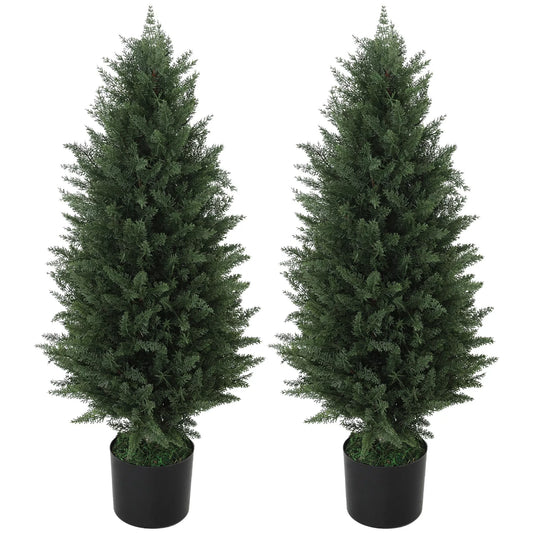 2 vnt. dirbtinių kiparisų rinkinys, dirbtiniai medžiai su 831 lapais, su cementiniu vazonu, atsparūs UV spinduliams, dirbtiniai augalai, 90 cm, žali