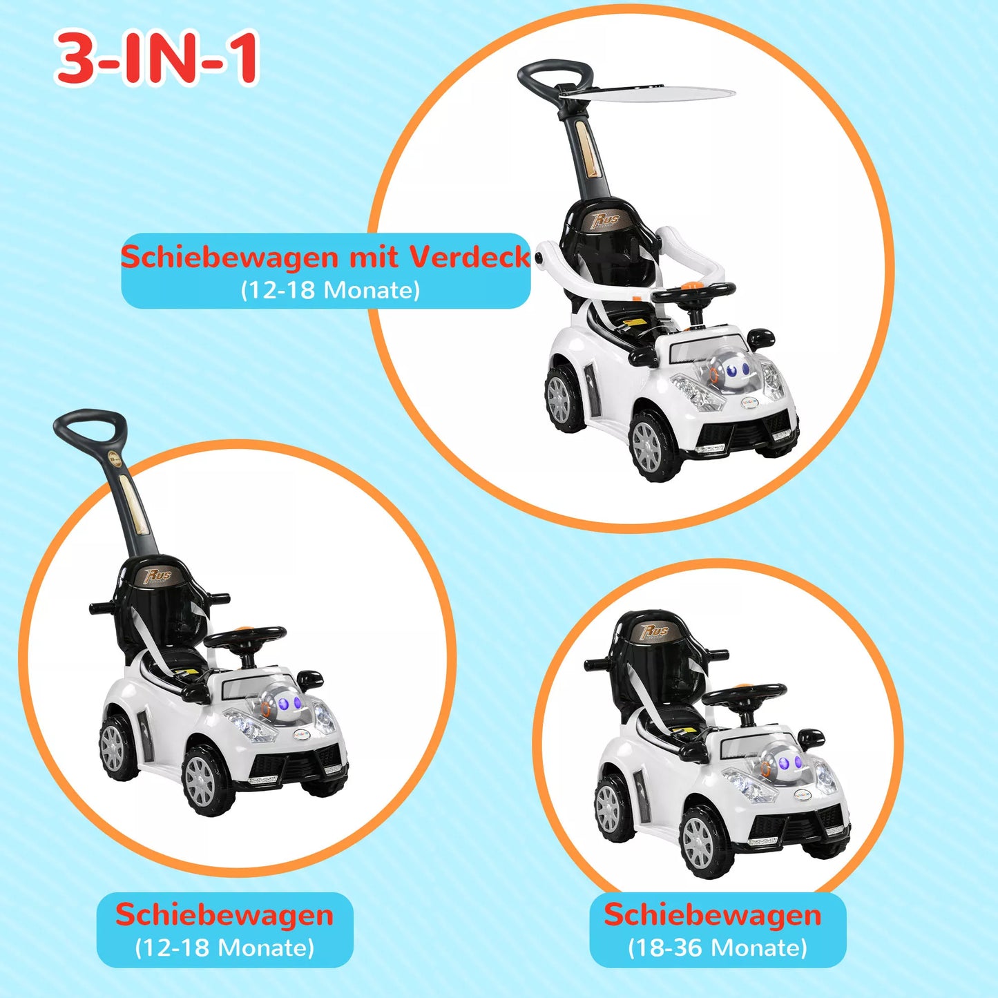 2-in-1 paspiriama mašinėlė, nuimamas stogelis, šviesos, muzika, garsinis signalas, plastikas ir metalas, 96 x 39 x 90 cm, balta/juoda