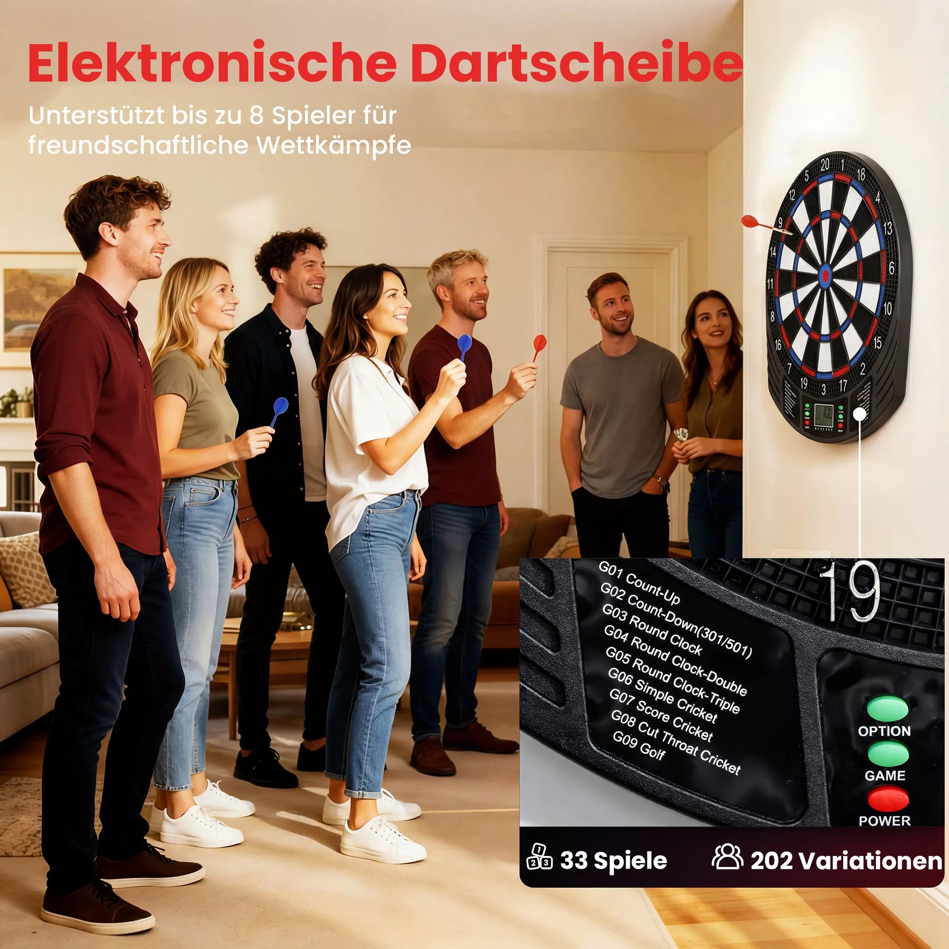 Elektroninė dartų lenta 1–8 žaidėjams, LCD ekranas, 6 dartų rinkiniai, spalvota