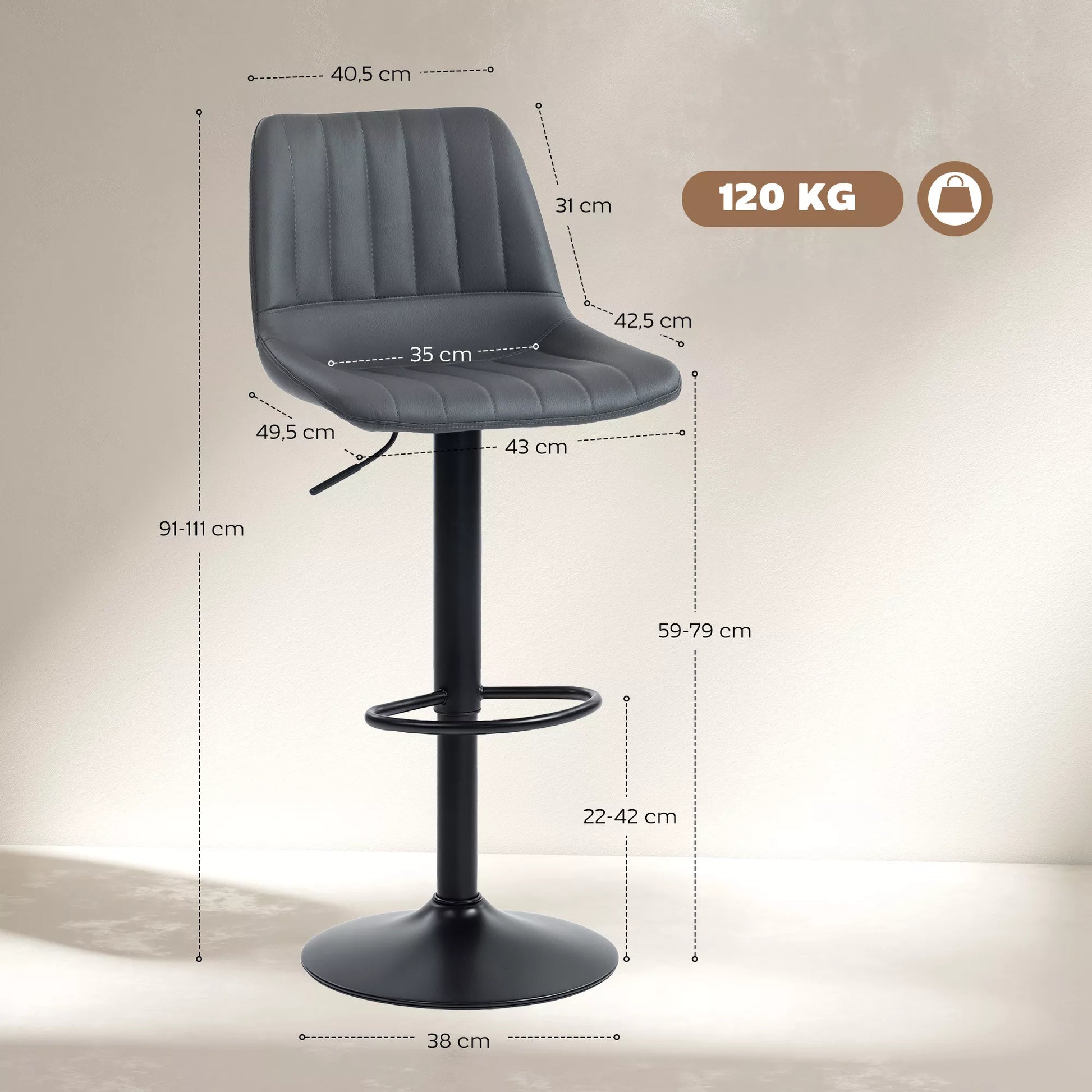 Baro kėdžių komplektas (2 vnt.), reguliuojamo aukščio ir retro dizaino, dirbtinė oda ir metalas, 43x49,5x111 cm