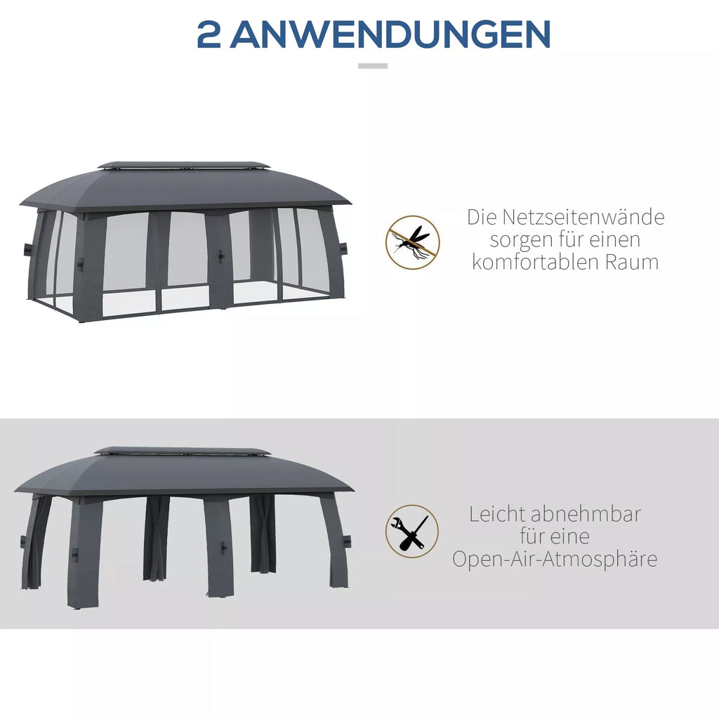 Paviljonas, šventinė palapinė, su tinklais nuo vabzdžių, apsauga nuo vėjo, iki 15 žmonių, tamsiai pilkos spalvos, 3 x 6 x 3 m