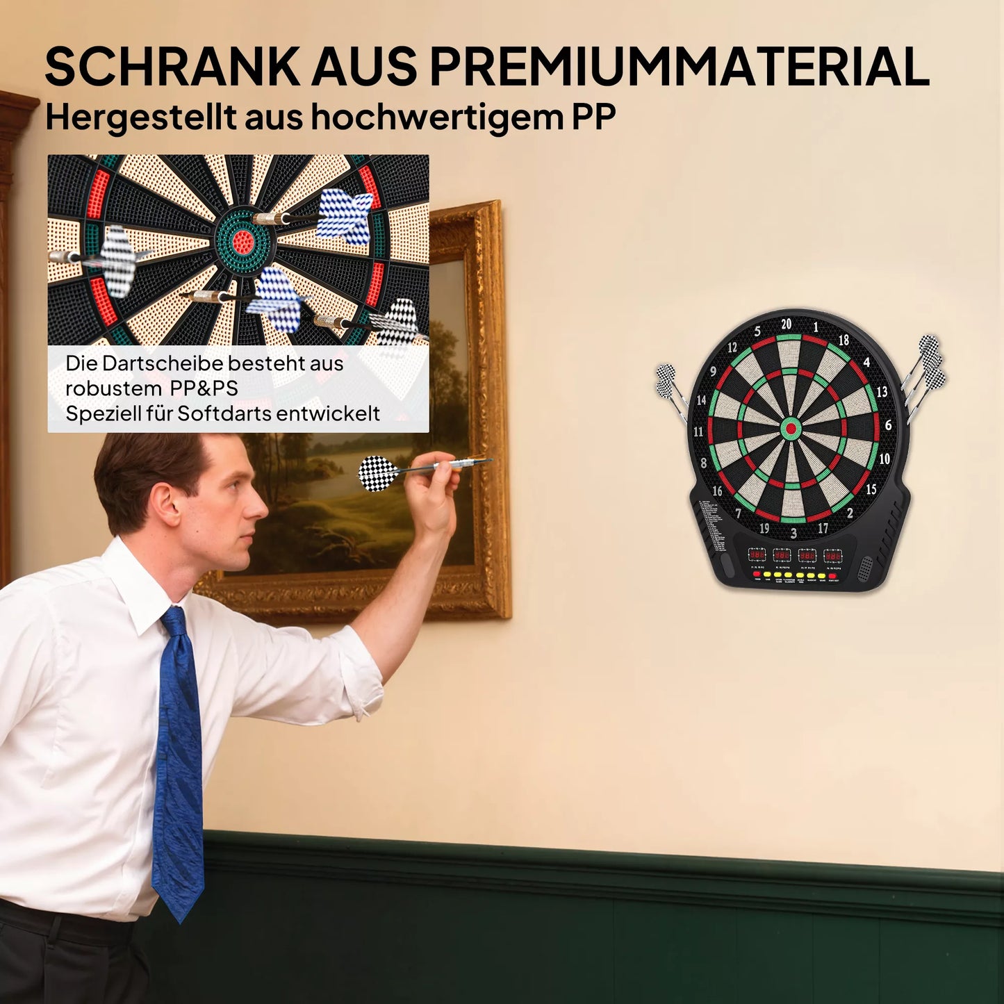 Elektroninė smiginio lenta (dartboard) – smiginio rinkinys su LED ekranu, automatiniu taškų skaičiavimu, garso efektais, 6 strėlytėmis, 24 antgaliais, 27 žaidimais ir 243 taškų rinkimo variantais, 16 žaidėjų, 44 x 51,5 x 3,2 cm