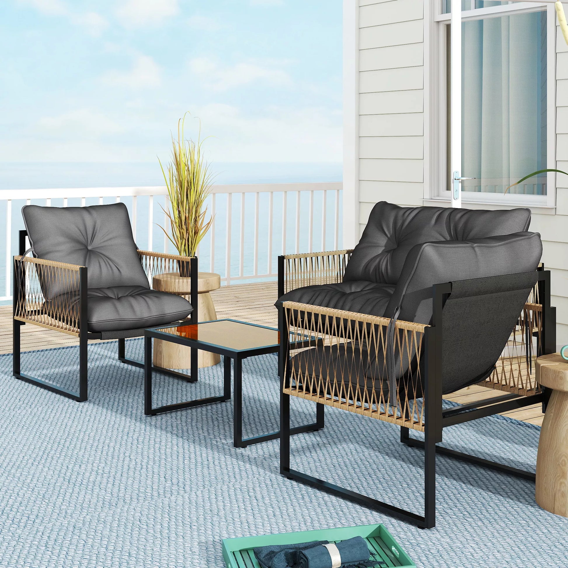 Sodo baldų komplektas, 4 dalys, sofa, 2 kėdės, stalas su stikliniu stalviršiu, metalinis rėmas, poliratas, antracitas