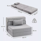 Grindų sofa, minkšta sofa, transformuojama į čiužinį, putplastis, pagalvėlės, šviesiai pilka
