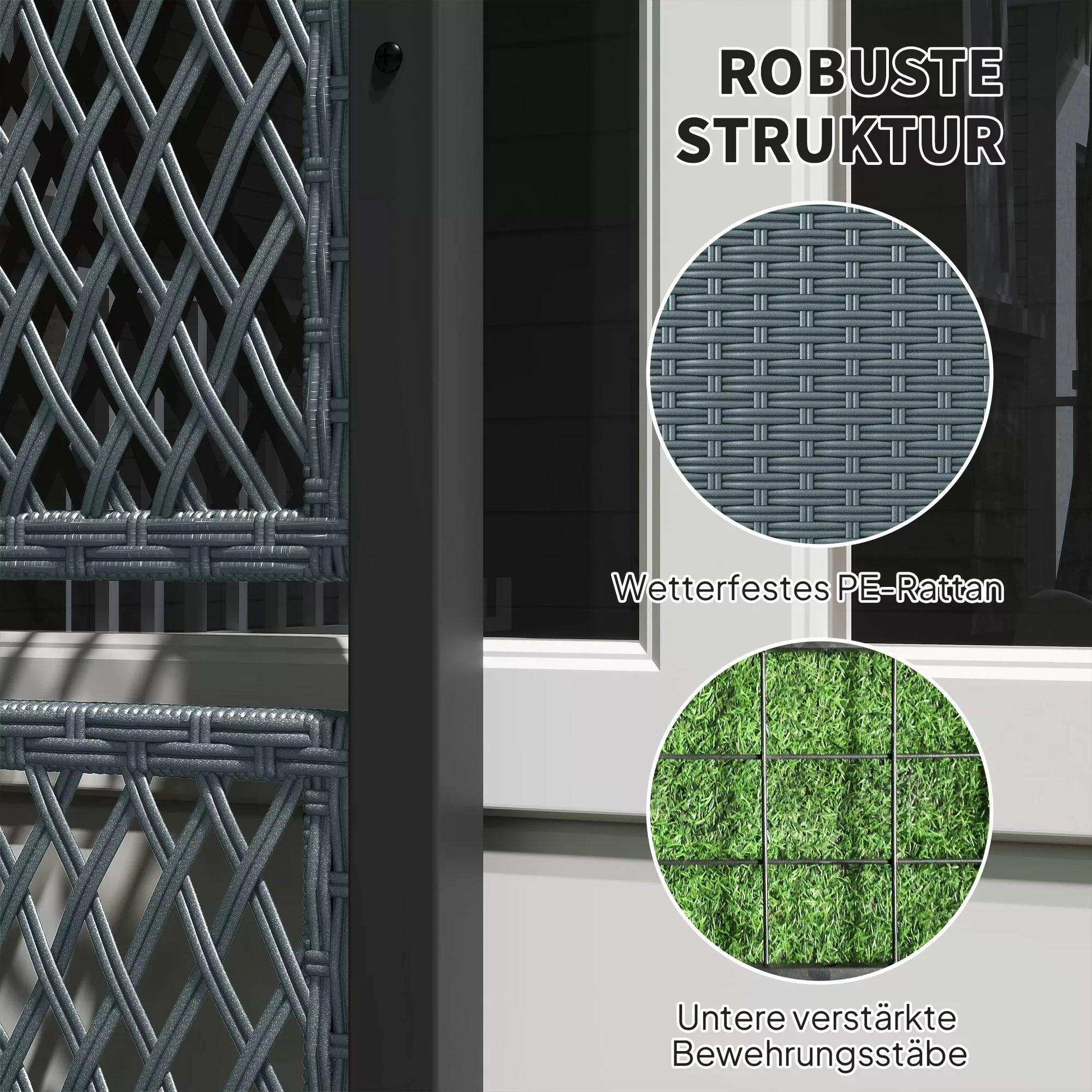 Aukštas gėlių vazonas su rotango imitacijos grotelėmis Gėlių dėžė su atrama 90 x 35 x 148 cm Tamsiai pilka