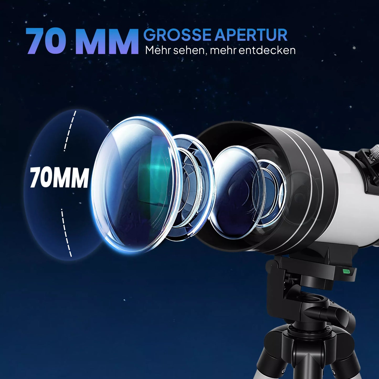 Teleskopas, 70 mm objektyvas, 5x24 didinimas, reguliuojamas stovas, sidabrinės spalvos