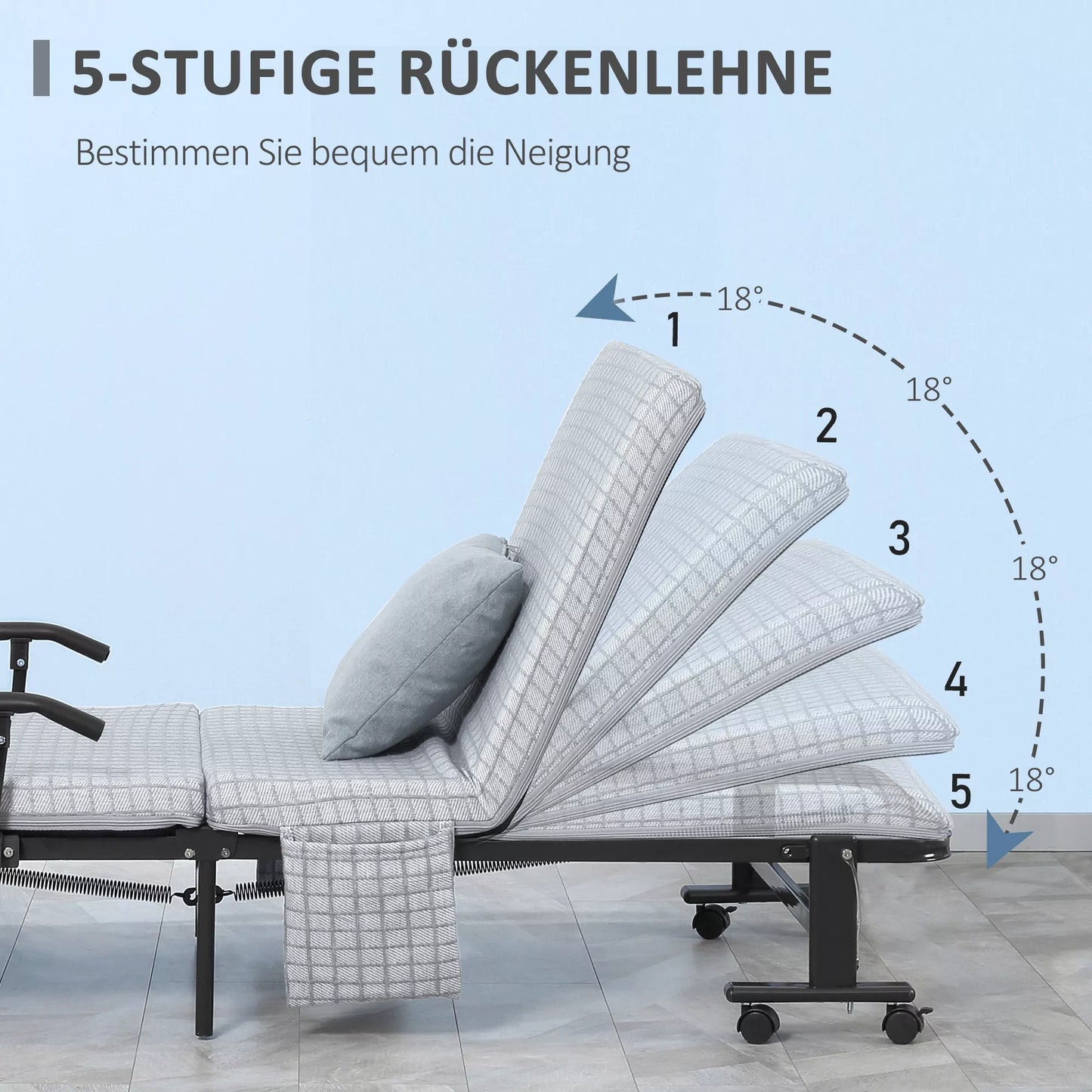 Sulankstoma lova, svečių lova, atlenkiamas atlošas, porankiai, 8 ratukai, plieninis rėmas, šviesiai pilka + juoda, 190 x 76 x 33 cm