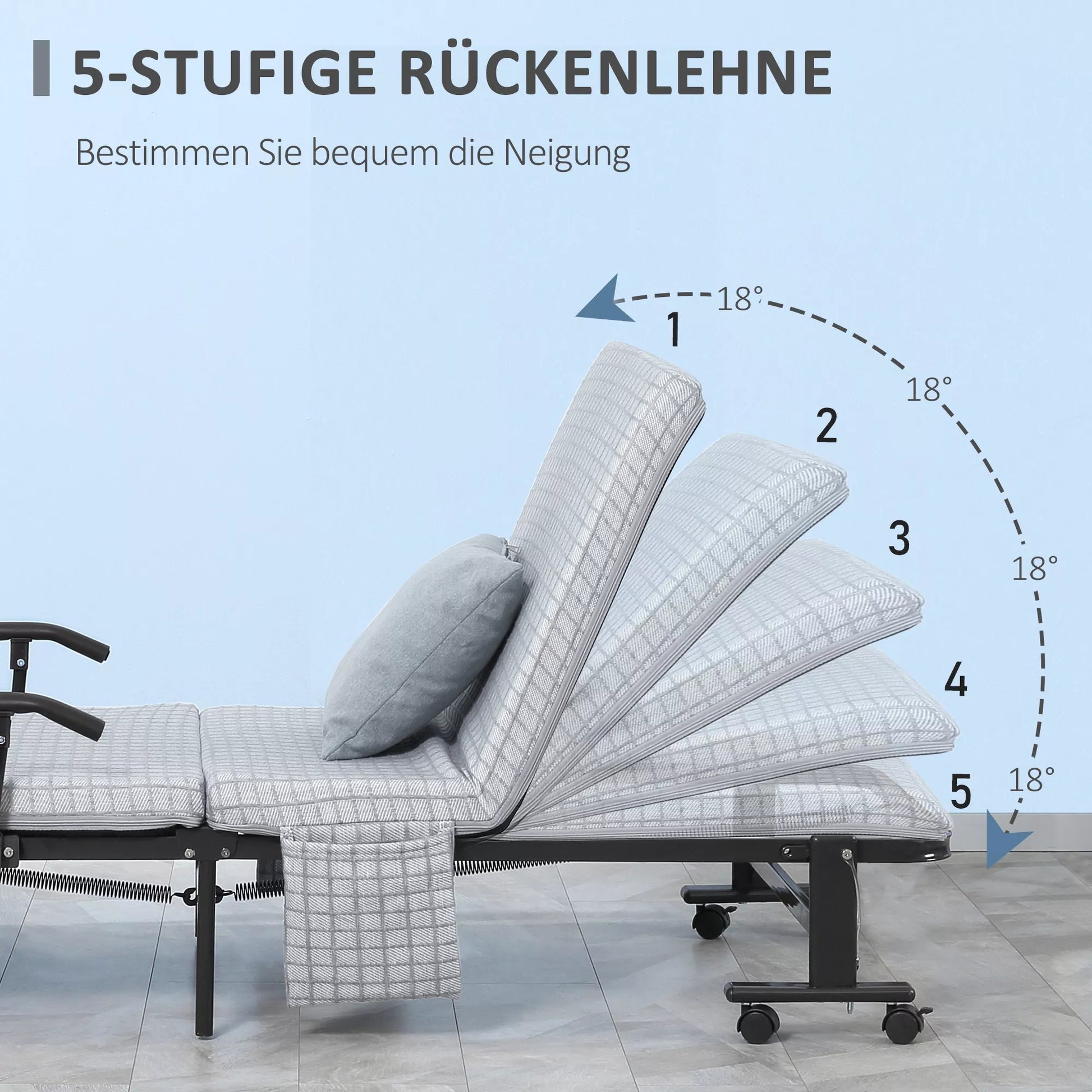 Sulankstoma lova, svečių lova, atlenkiamas atlošas, porankiai, 8 ratukai, plieninis rėmas, šviesiai pilka + juoda, 190 x 76 x 33 cm