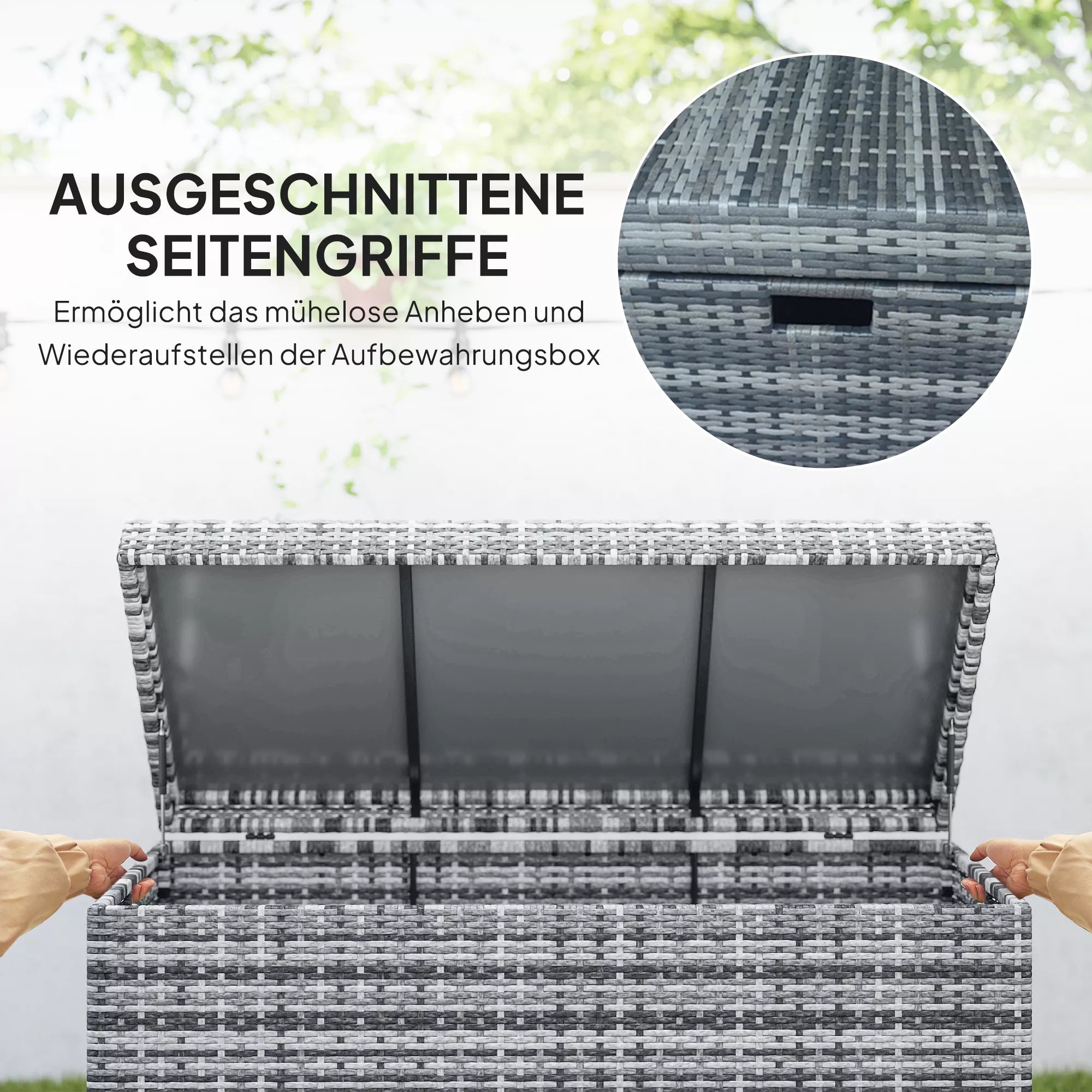 Rattan Auflagenbox 380L atsparus atmosferos poveikiui pagalvės dėžė su dangčiu Sandėliavimo erdvė Atsparus UV spinduliams 130 x 61 x 65 cm Tamsiai pilka