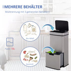 Šiukšliadėžė su jutikliu 47 l + 2 x 12,5 l Automatinė šiukšliadėžė su judesio jutikliu, vandeniui atspari šiukšlių rūšiavimo sistema iš nerūdijančio plieno, skirta virtuvei, sidabrinė