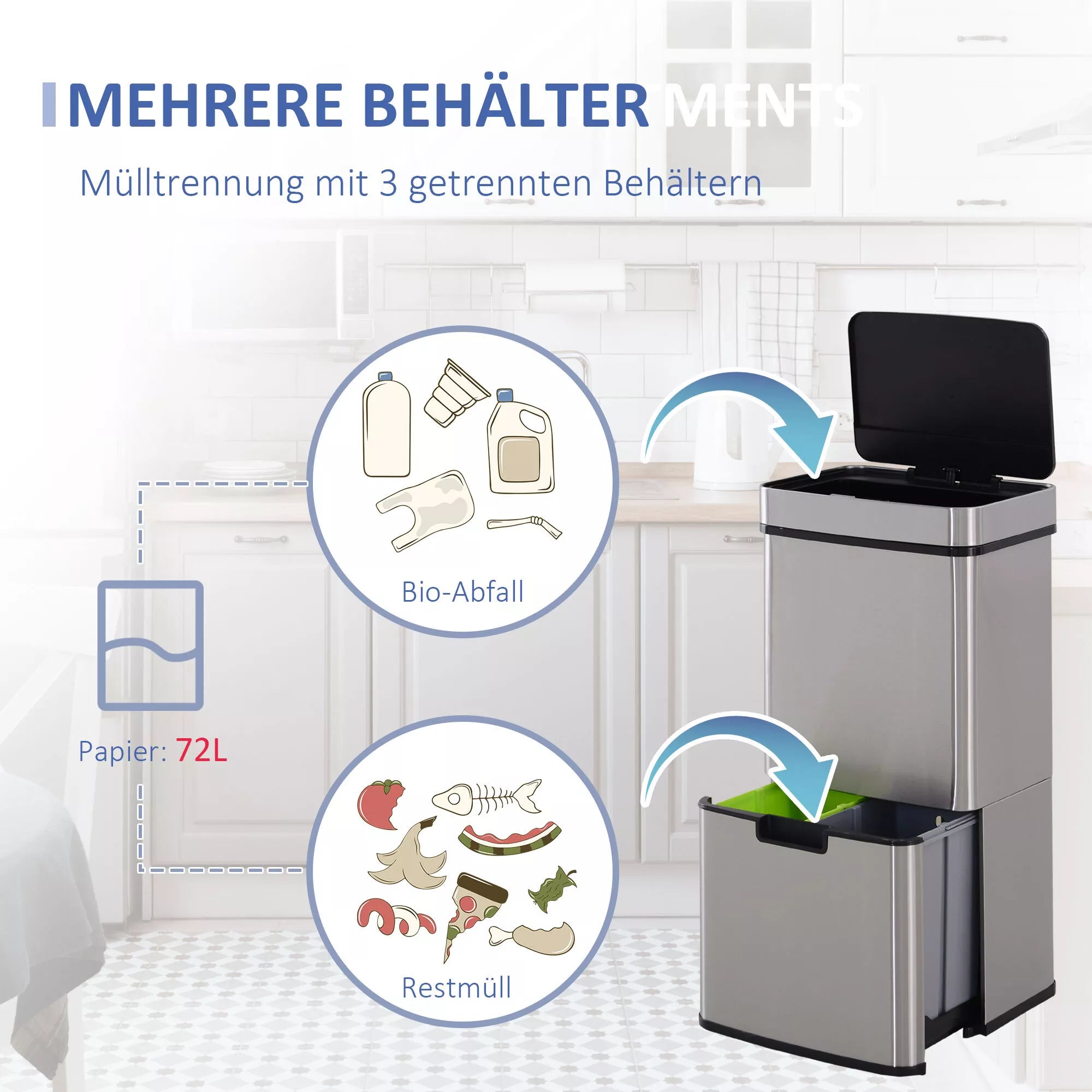 Šiukšliadėžė su jutikliu 47 l + 2 x 12,5 l Automatinė šiukšliadėžė su judesio jutikliu, vandeniui atspari šiukšlių rūšiavimo sistema iš nerūdijančio plieno, skirta virtuvei, sidabrinė