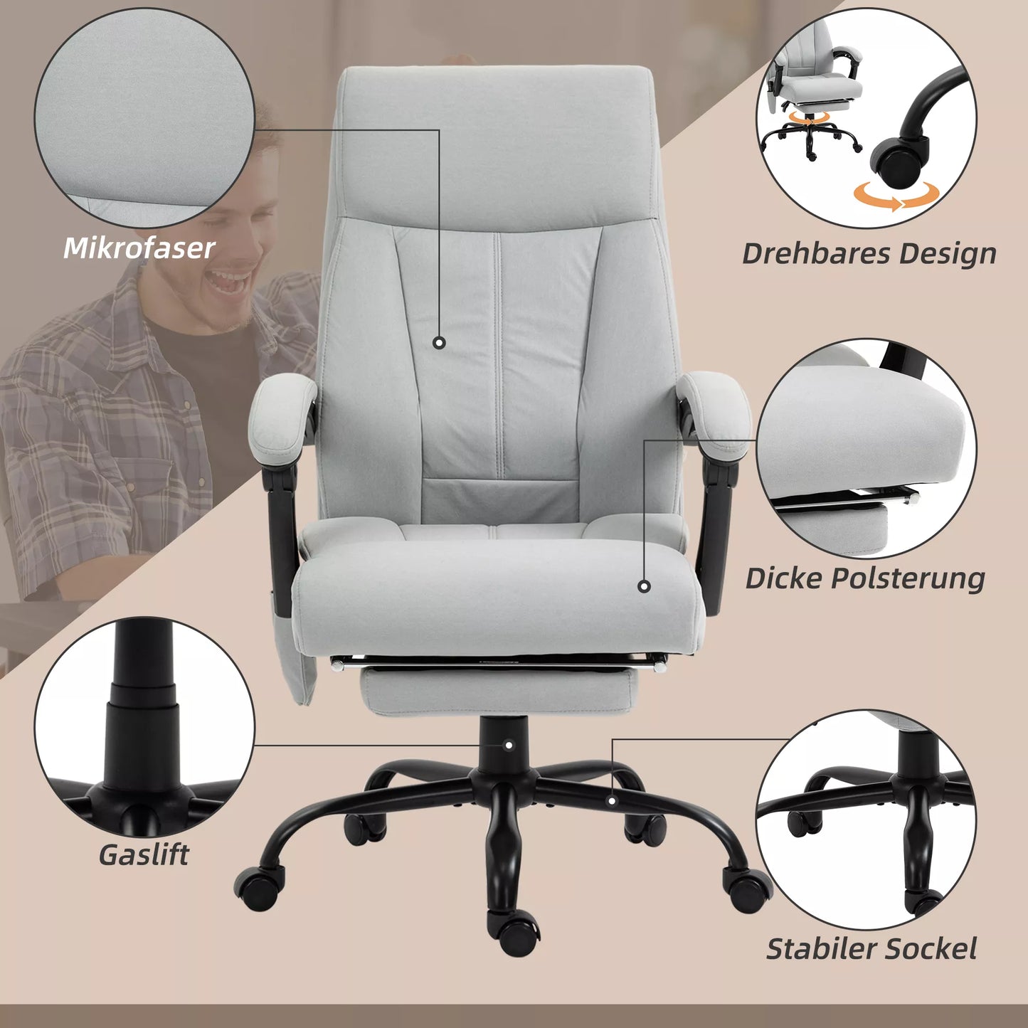 Biuro kėdė su masažo funkcija ir šildymo funkcija, kojelė, iki 120 kg, pilka