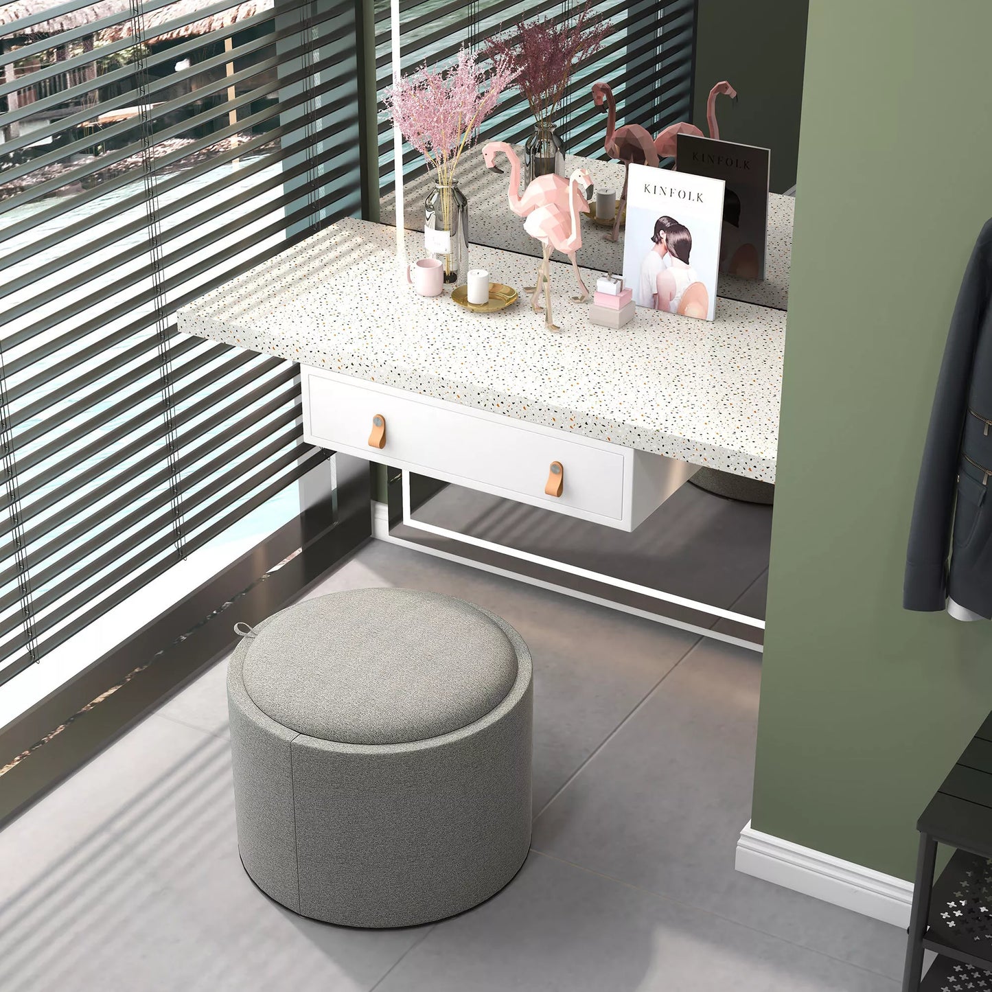 Pufas su laikymo funkcija, linas, paslėpta daiktadėžė, atidaromas dangtis, 56 cm x 56 cm x 42 cm, pilkas + natūralus