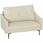 Kreminės spalvos dviviete sofa su mygtukų dekoracija ir juodų metalinėmis kojomis