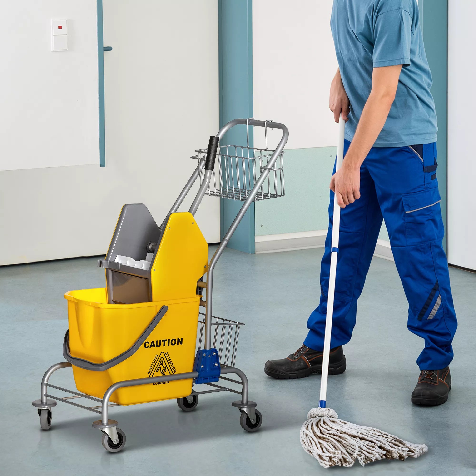 Grindų plovimo kibiras, su metaline rankena, ratukais,, plastikas ir metalas, geltonas