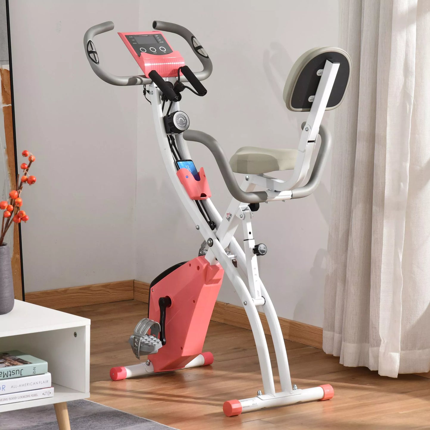 Namų treniruoklis X-Bike 2-in-1 dviračio treniruoklis su LCD ekranu, širdies ritmo matuokliu, sulankstomas treniruoklis su 8 lygių magnetine sistema, 1 poros tempiamųjų lynų, plienas, rožinė, 105x48x118 cm