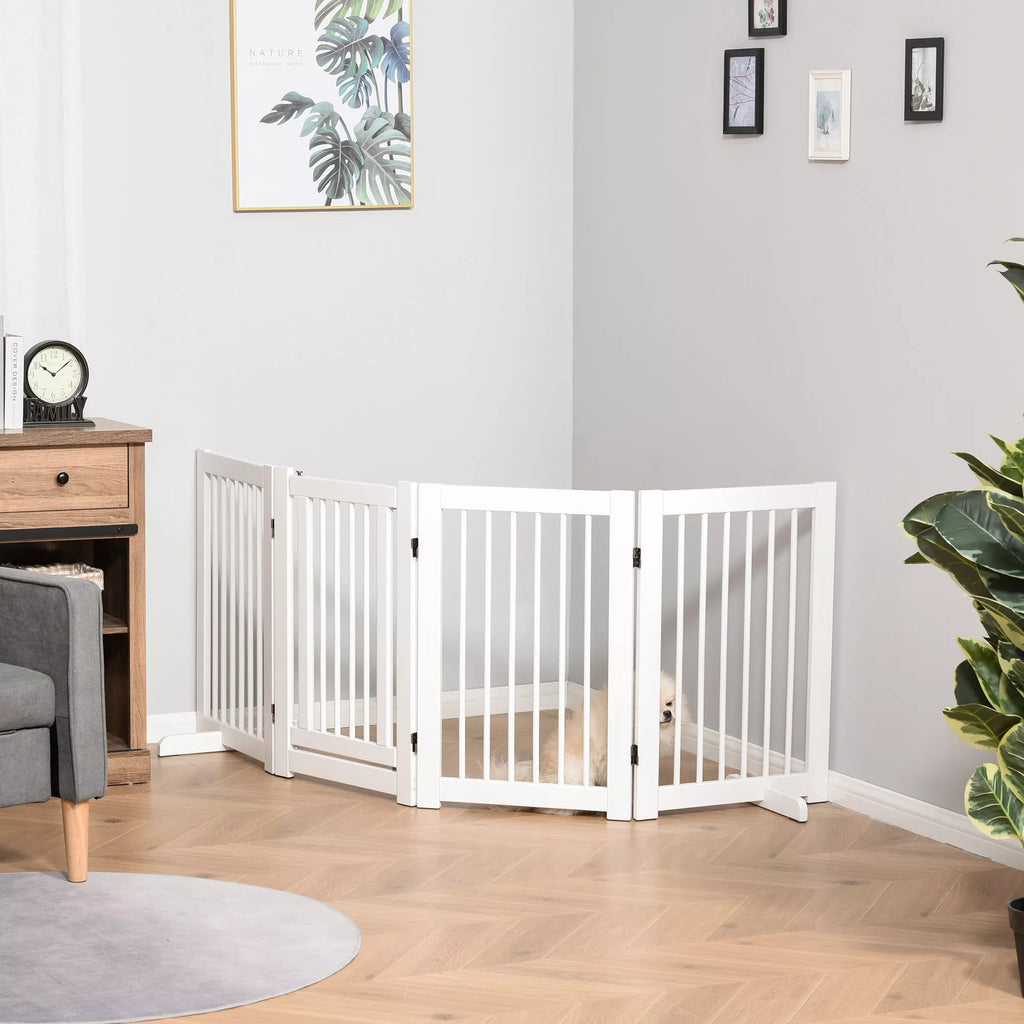 Apsauginiai varteliai šuniui, 4 dalių, 220 x 91 cm, sulankstomi, apsauginiai varteliai su durelėmis, laisvai pastatomi šunų varteliai su 2 atraminėmis kojelėmis, mediniai laiptų varteliai koridoriui, virtuvei, laiptams, balti