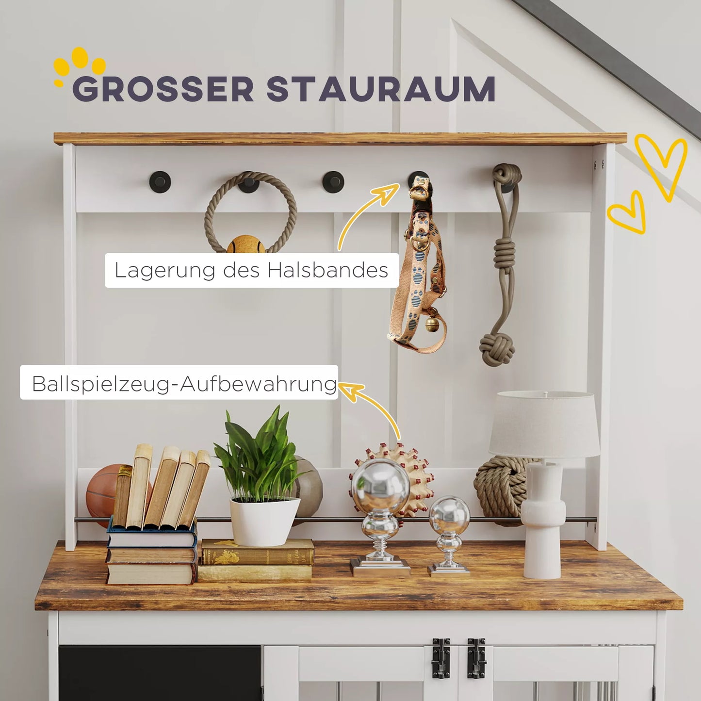 Šunų dėžė su laikymo lentyna žaislams, kabliai pavadėliams, rašomoji lenta, trintukas, dideliems šunims, balta