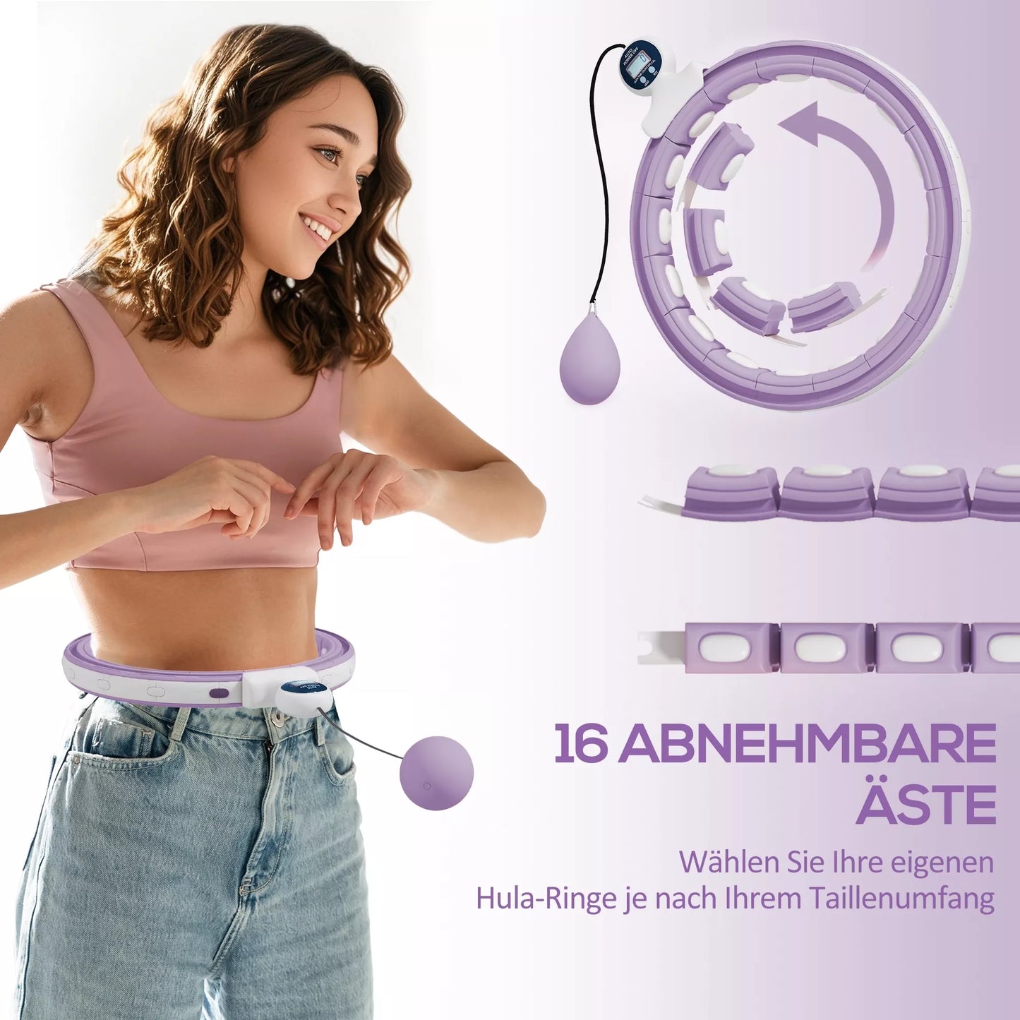 Išmanusis hula hoop lankas suaugusiems su svorio kamuoliukų skaitikliu, 16 mazgų (76–113 cm), violetinis