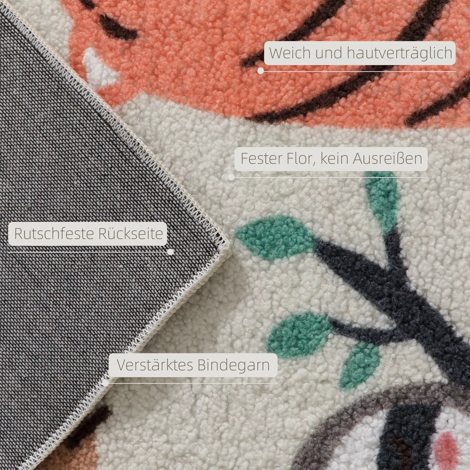 Fleece kilimas su džiunglių raštu, lengvai prižiūrimas, kreminės baltos spalvos + spalvotas