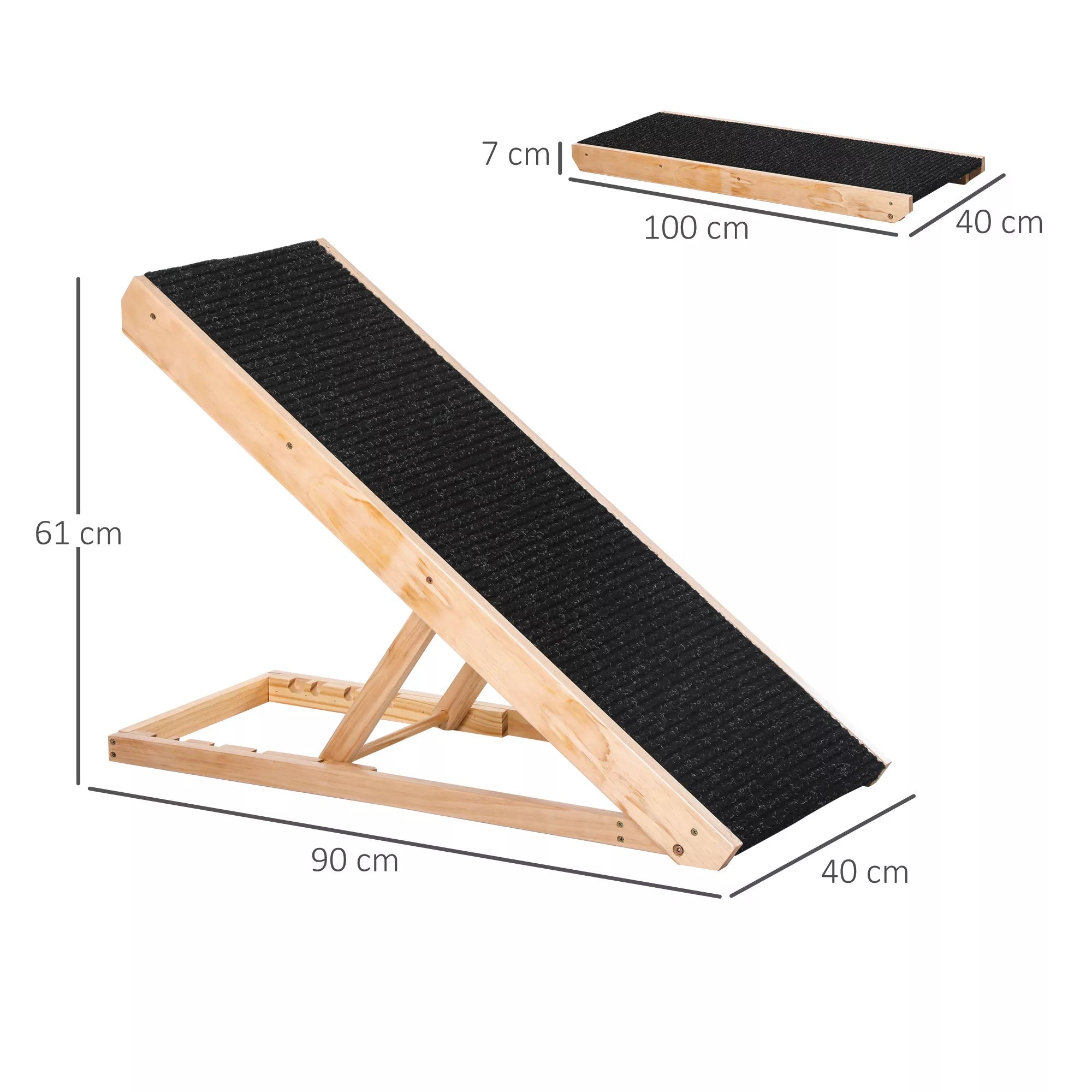 Schema su rampos matmenimis: ilgis 90 cm, plotis 40 cm, aukštis 61 cm