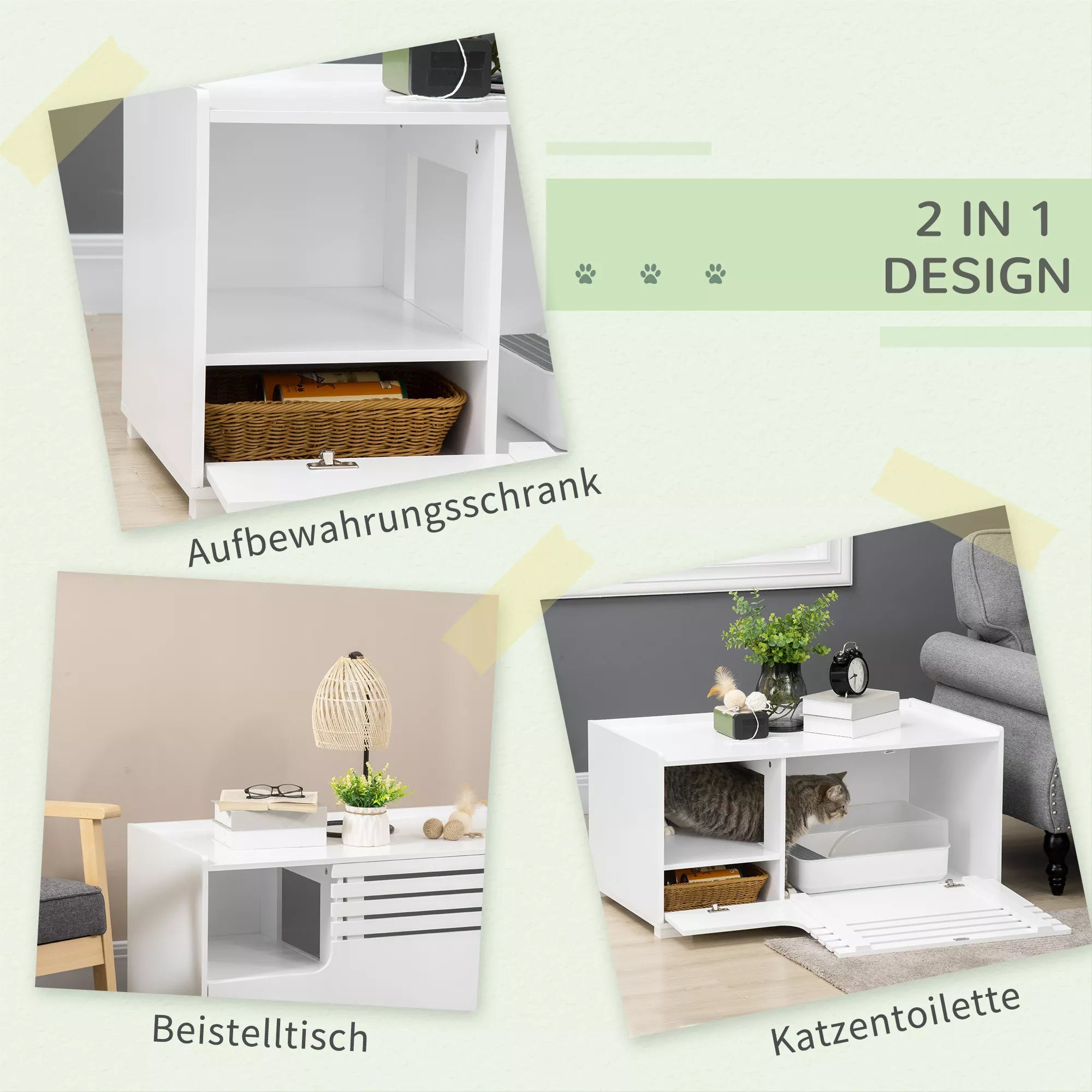 Katės spintelė su 2 lentynomis, 2-in-1 dizainas, magnetinės durys, balta