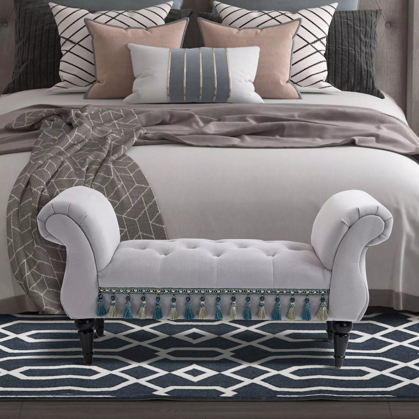 Minkštas suoliukas su aksominiu apmušalu, su atlošu, medinio rėmo suoliukas, batų suoliukas miegamajam, svetainei, koridoriui 117 x 40 x 58 cm šviesiai pilkos spalvos