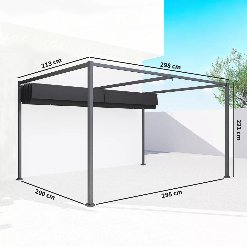 Pergola, apie 3x2 m, sodo pavėsinė, terasos stogas, metalinė, atskira sodo pavėsinė su reguliuojamu stogu, UV apsauga, saulės apsauga terasai ir sodui, juoda + pilka
