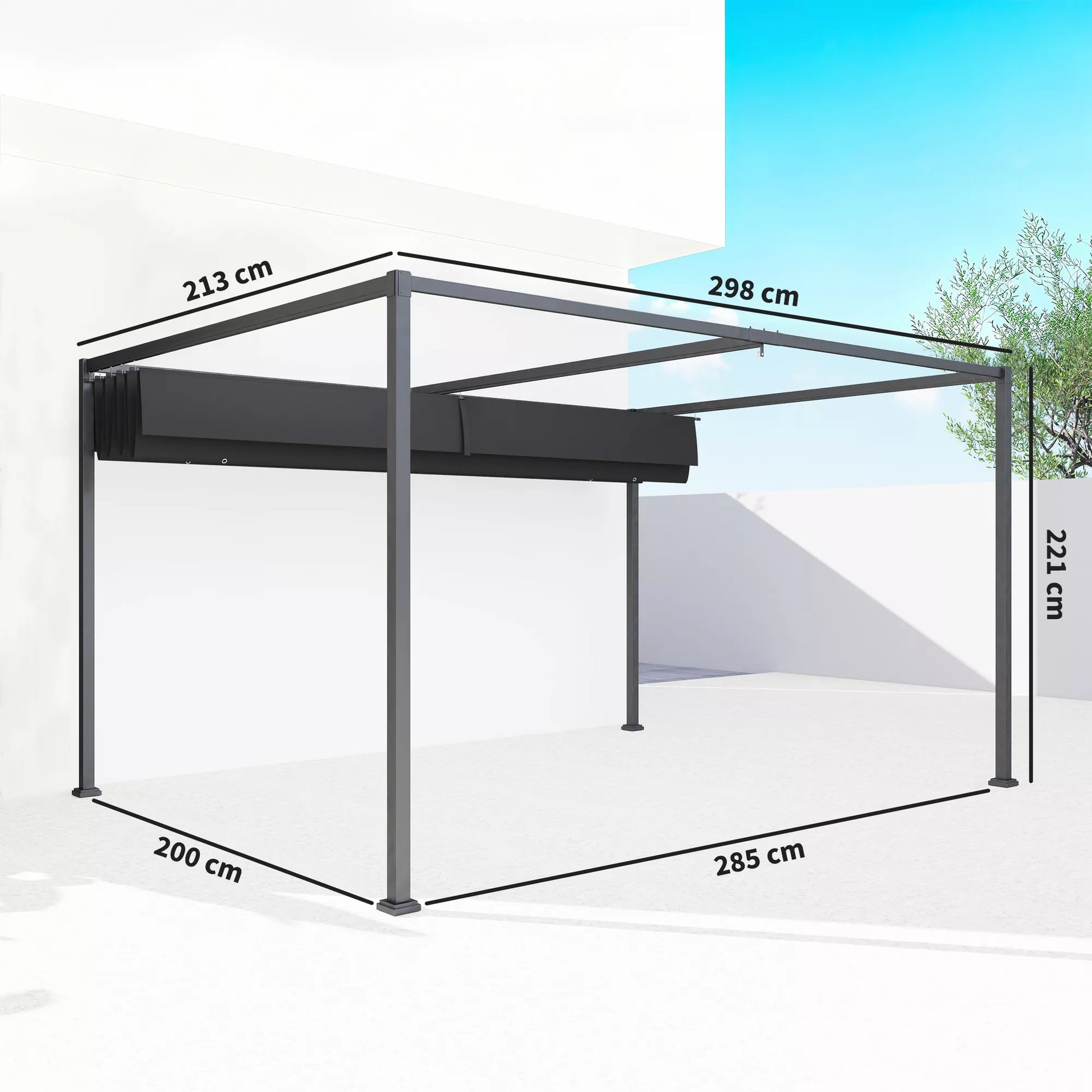 Pergola, apie 3x2 m, sodo pavėsinė, terasos stogas, metalinė, atskira sodo pavėsinė su reguliuojamu stogu, UV apsauga, saulės apsauga terasai ir sodui, juoda + pilka