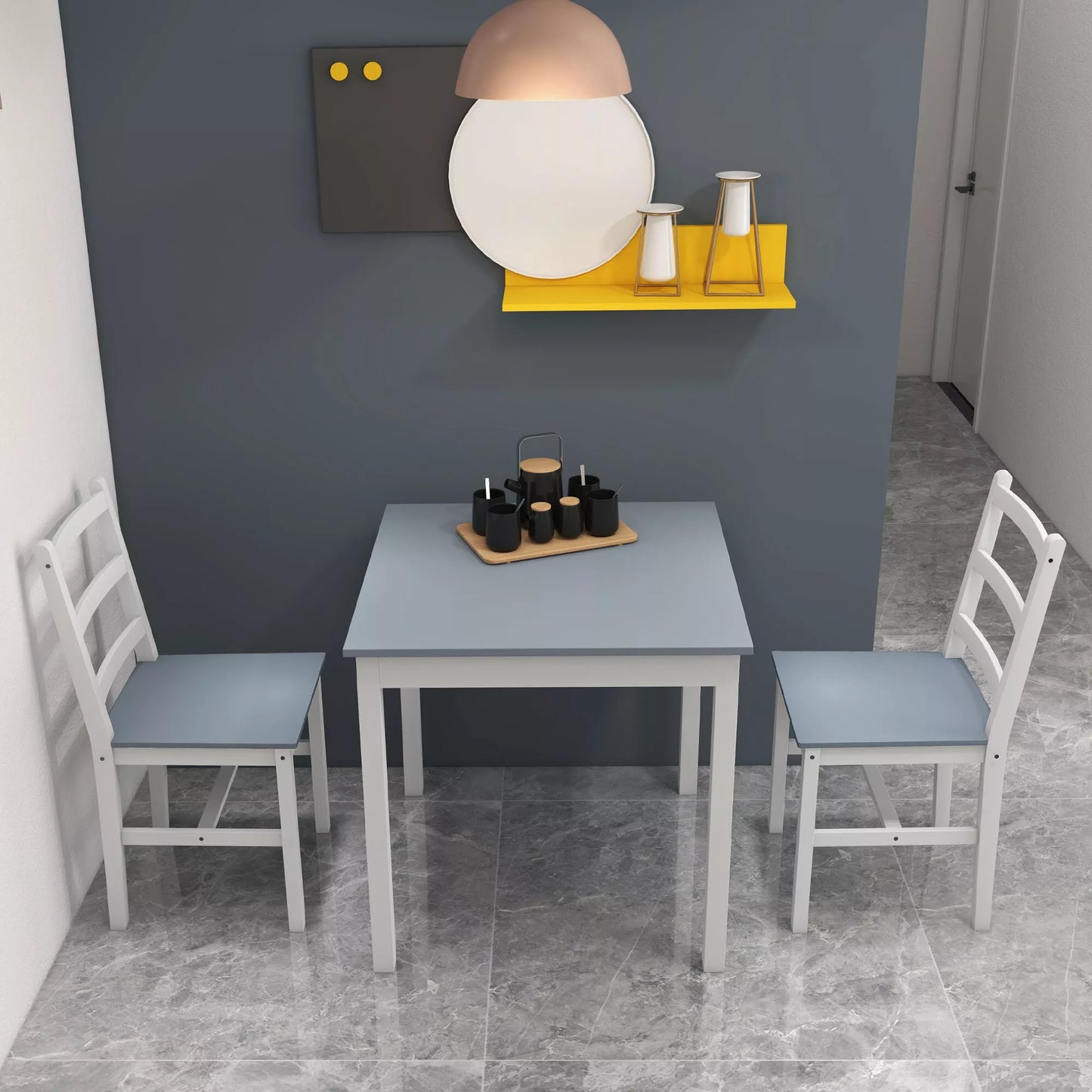 Valgomojo komplektas 2 asmenims, 2 kėdės, 1 stalas, pušies mediena, balta + pilka