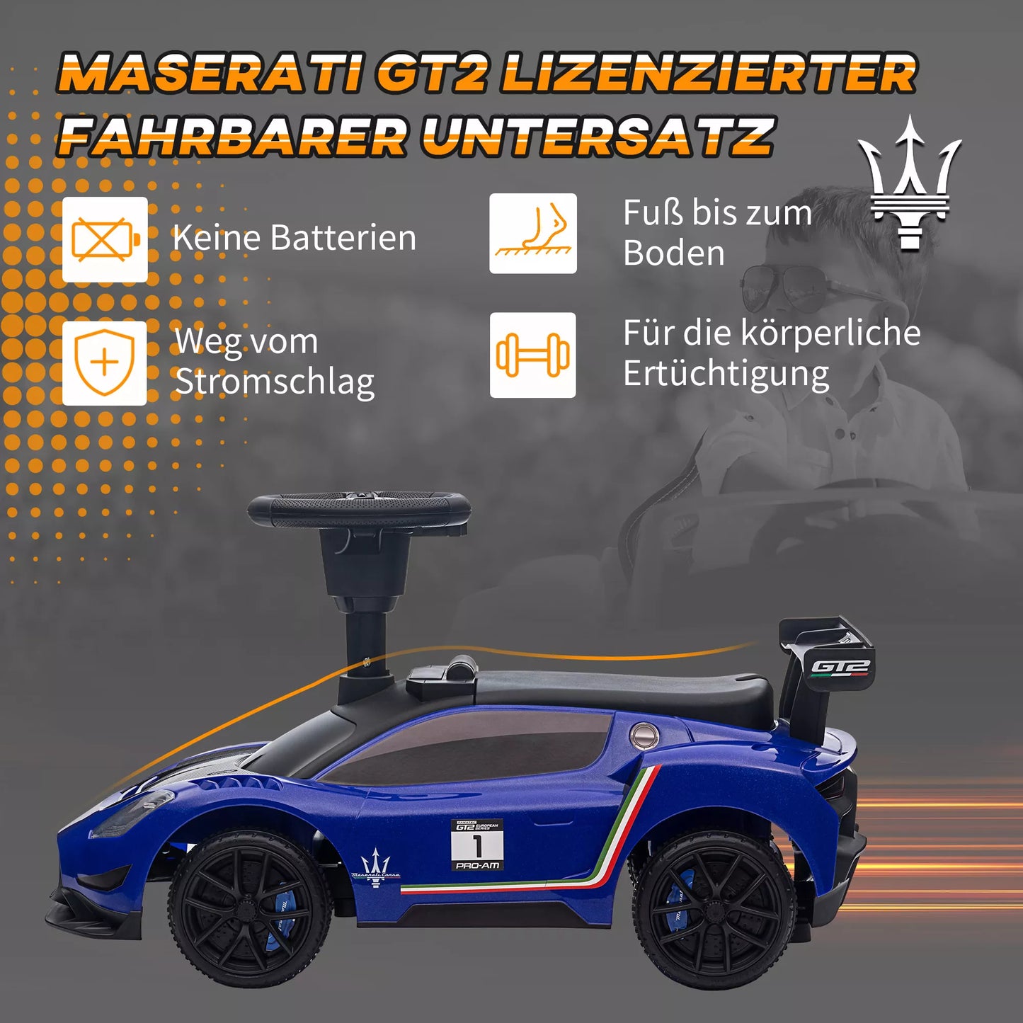 Vaikiškas paspiriamasis automobilis, licencijuota transporto priemonė, interaktyvūs garso signalo ir muzikos mygtukai, pagamintas iš plastiko ir plieno, mėlynos spalvos, išmatavimai 65 x 29 x 37 cm