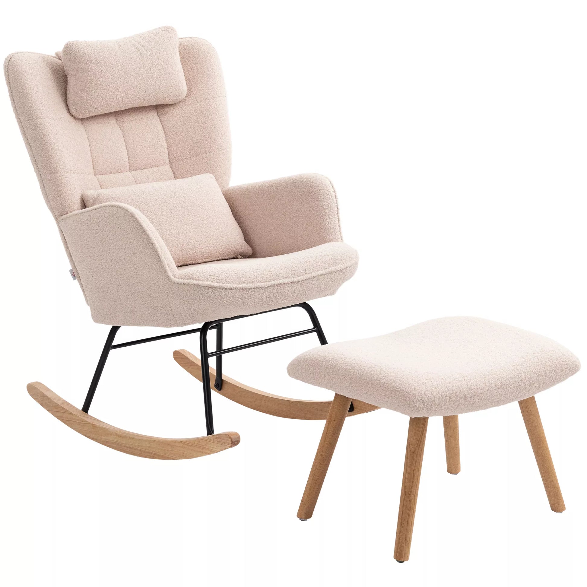 Sūpynės kėdė su pufu, minkštu fliso apmušalu, medinėmis kojomis, pagalvėle, aukštu atlošu, sūpynės krėslas, smėlio spalvos