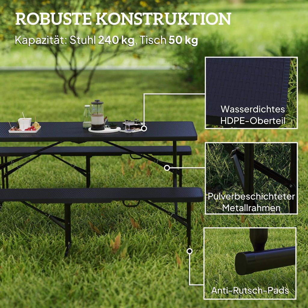 Pikniko stalas ir suolai, 3 dalių rinkinys, sulankstomas, plastikas, metalas, juodas