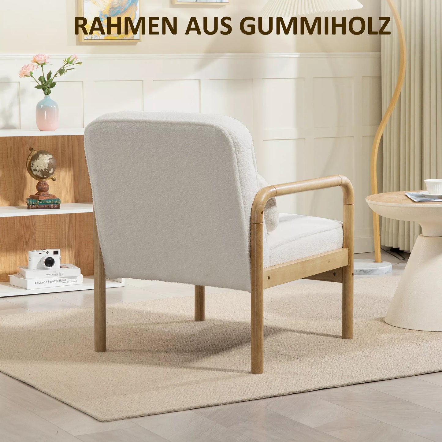 Akcentinis krėslas, apmušta kėdė su audinio apdaila, kaučiukmedžio rėmas, moderni kėdė su pagalvėlėmis, balta