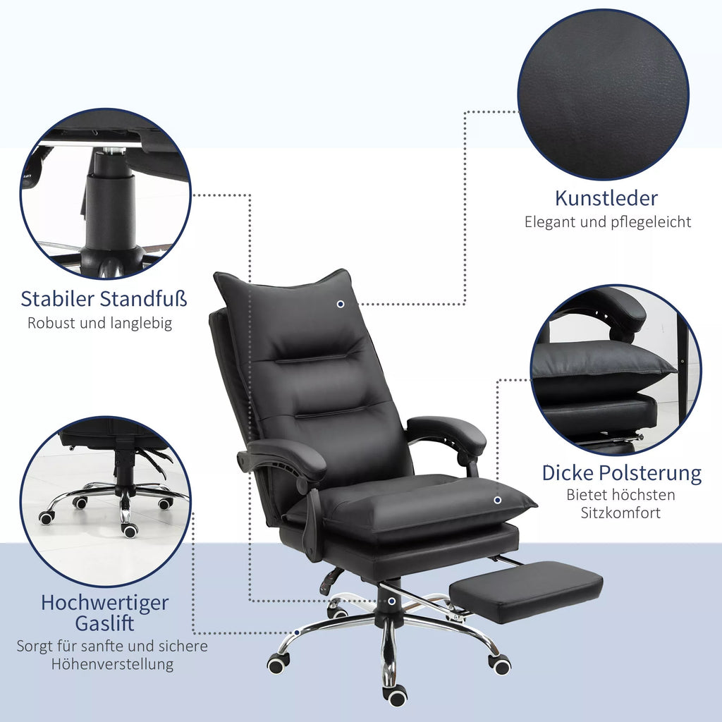 Biuro kėdė Ergonomiška darbo kėdė su porankiais, atrama kojoms, aukščio reguliuojama sukiojama kėdė iš dirbtinės odos, paminkštinta kompiuterio kėdė, juoda