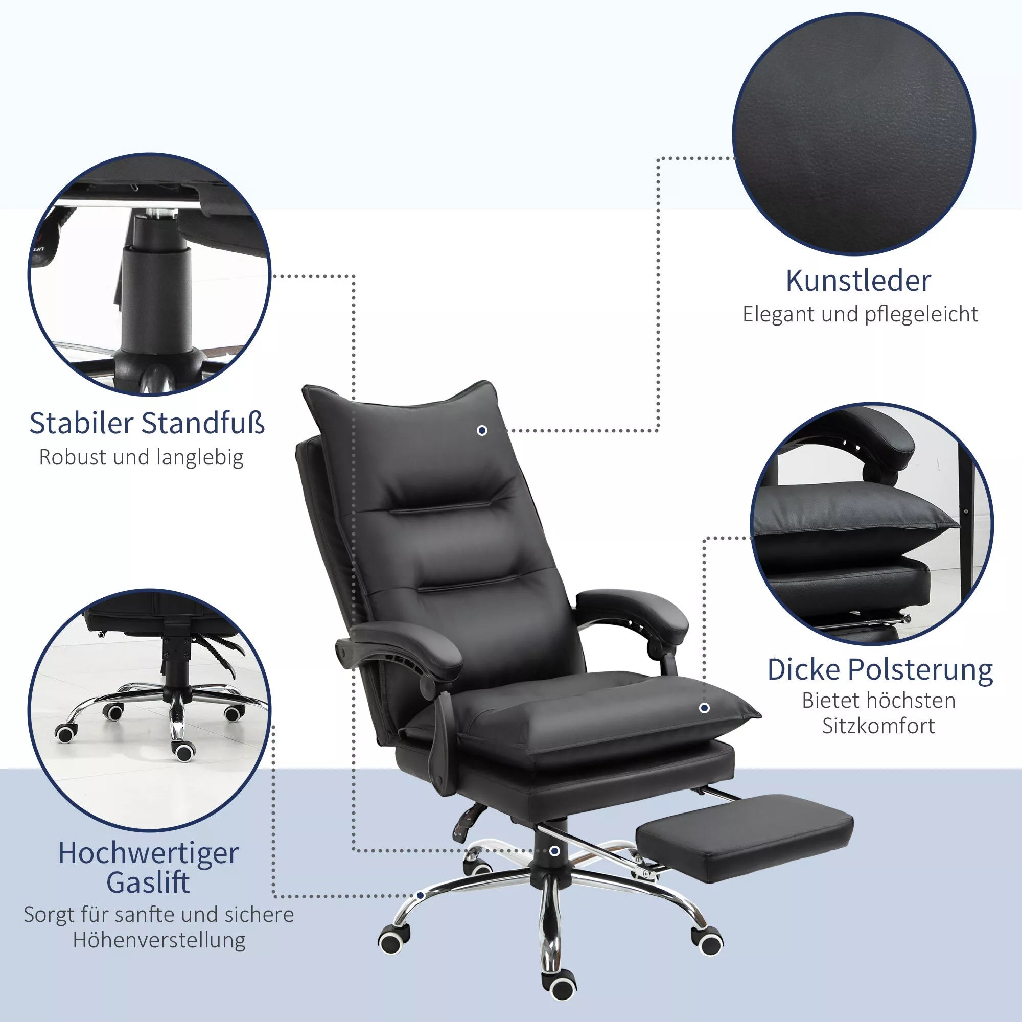 Biuro kėdė Ergonomiška darbo kėdė su porankiais, atrama kojoms, aukščio reguliuojama sukiojama kėdė iš dirbtinės odos, paminkštinta kompiuterio kėdė, juoda
