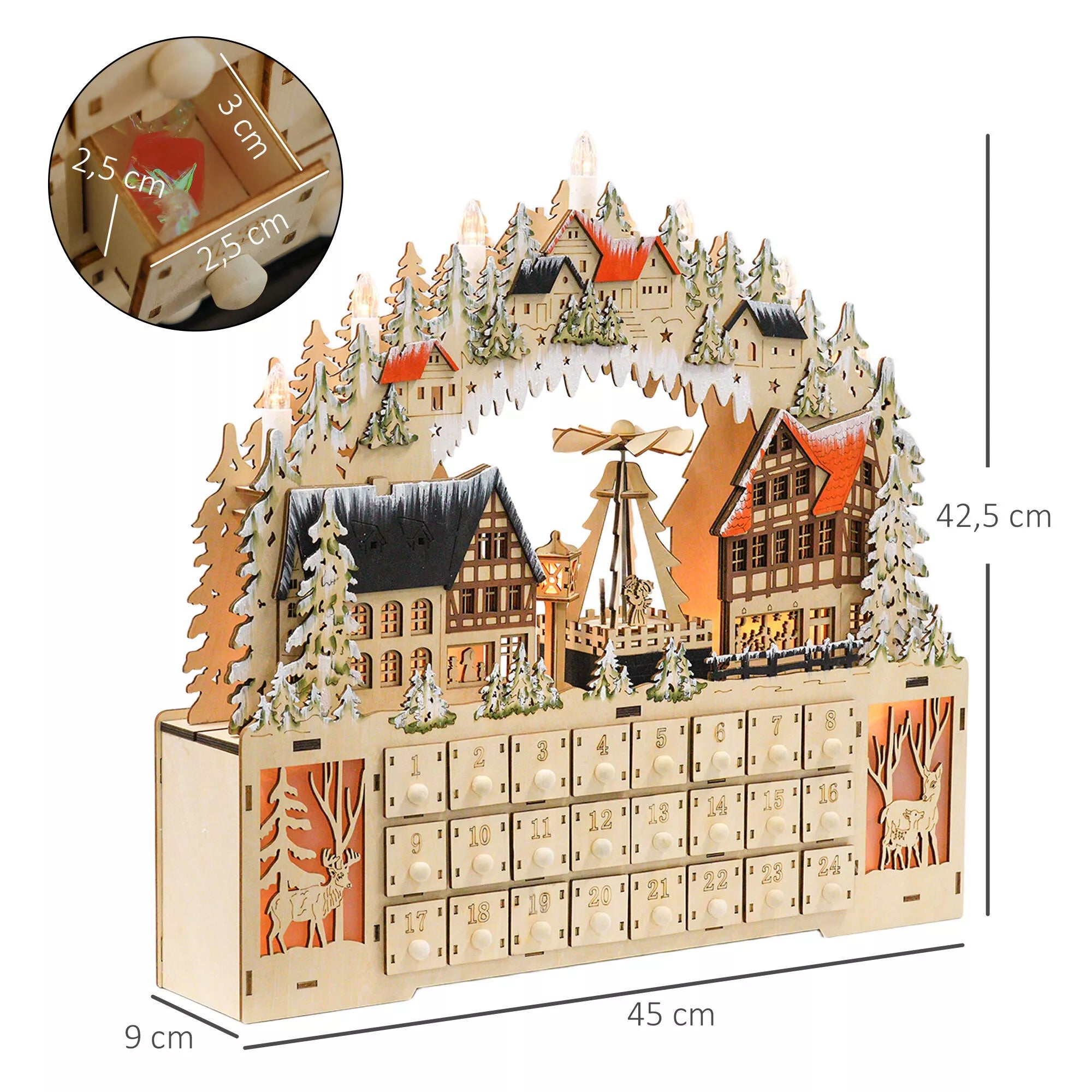 Advento kalendorius, Kalėdinis kaimelis, 18 LED, 24 stalčiai, daugkartinio naudojimo, 45 x 9 x 42,5 cm