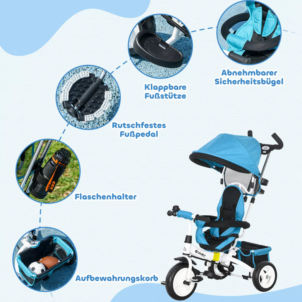 6-in-1 vaikų triratis su stumiamąja rankena, stogu, diržu, daiktų krepšeliu, skirtas 1–5 metų vaikams, mėlynas
