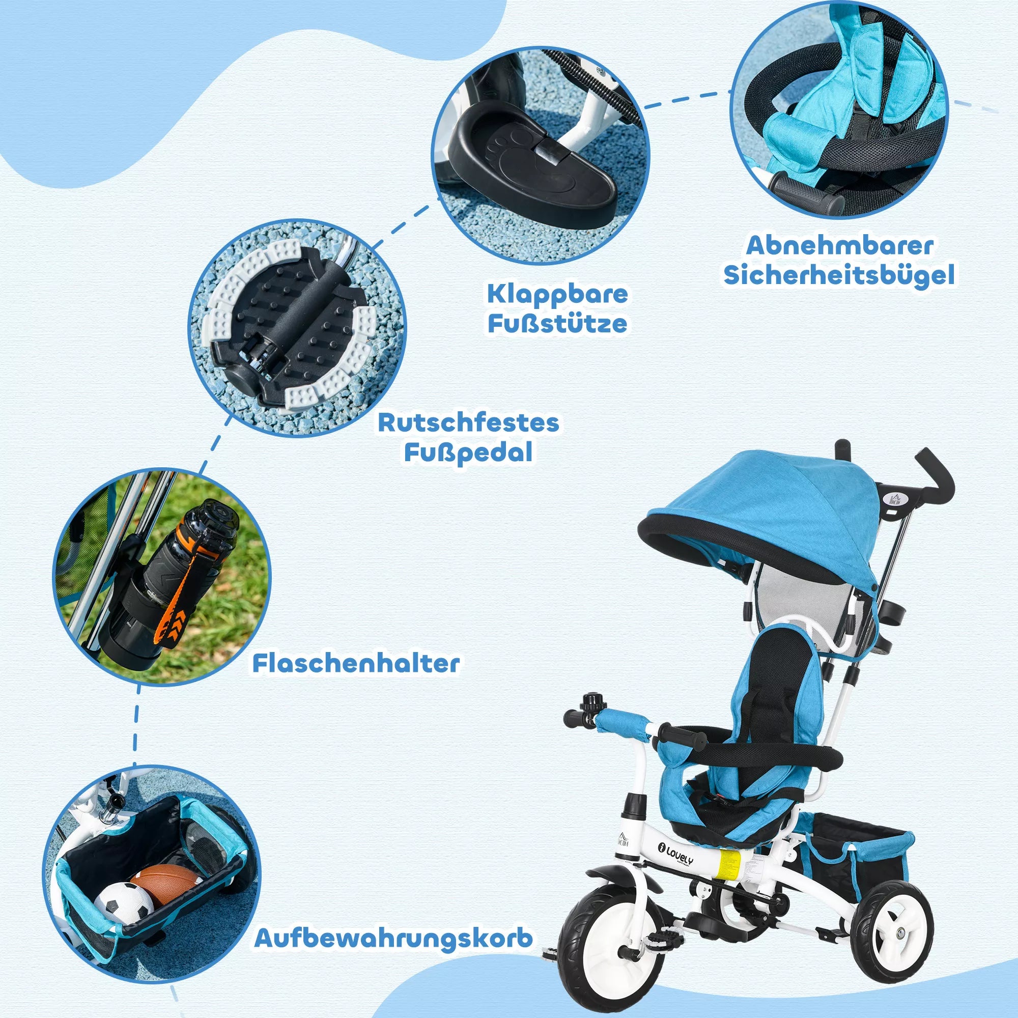 6-in-1 vaikų triratis su stumiamąja rankena, stogu, diržu, daiktų krepšeliu, skirtas 1–5 metų vaikams, mėlynas